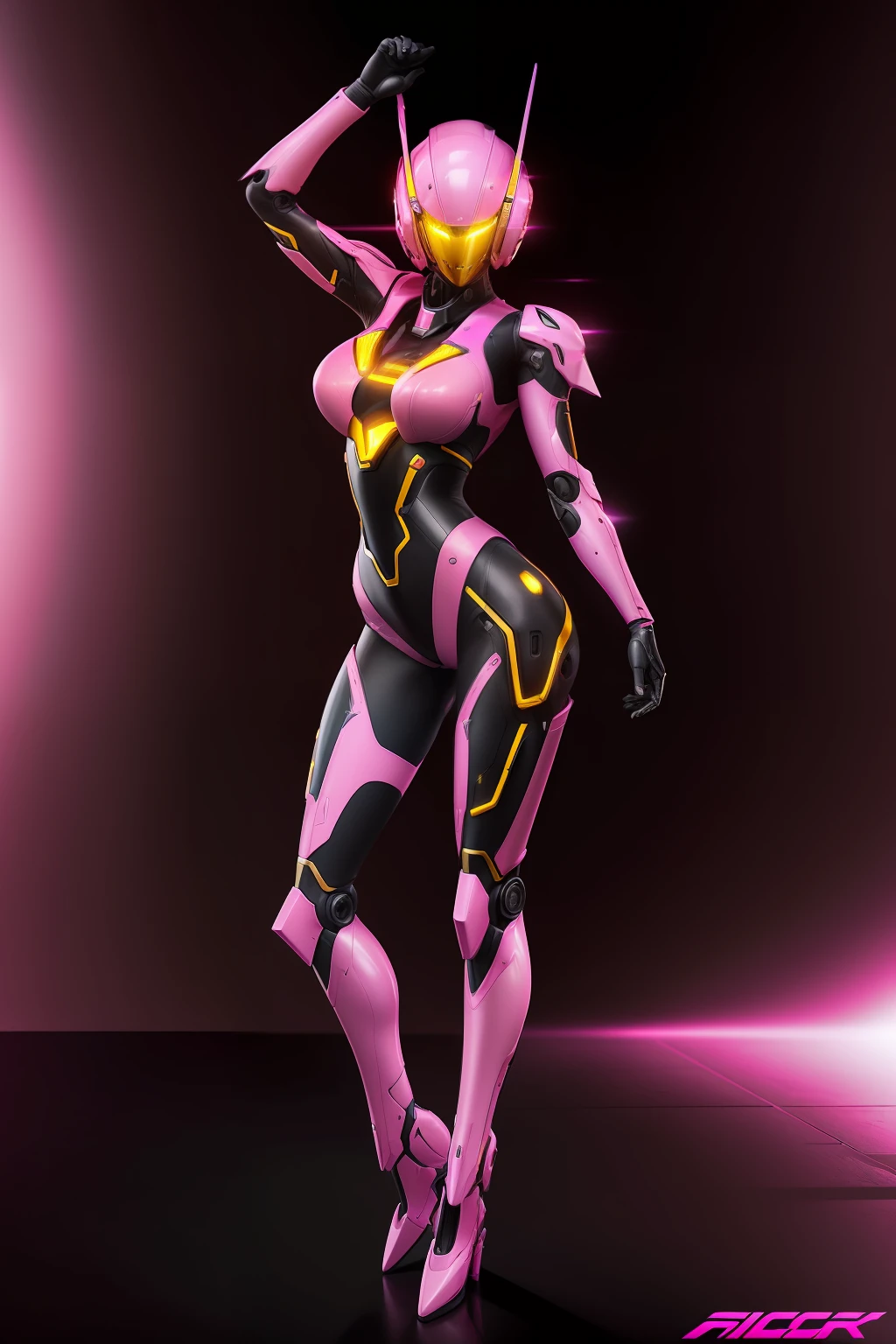 Portrait (ung Women), (((Full body))), (Mecha futuristic pink sci-fi bodyplug suit), (Mechanical Futuristic Yellow Body Plug Mask), Realistic, Sharp Focus, Highly detailed, Convoluted, Photography, hyper realisitic, Flat, Dramatic Lighting, High kick pose with right foot、Dark background
