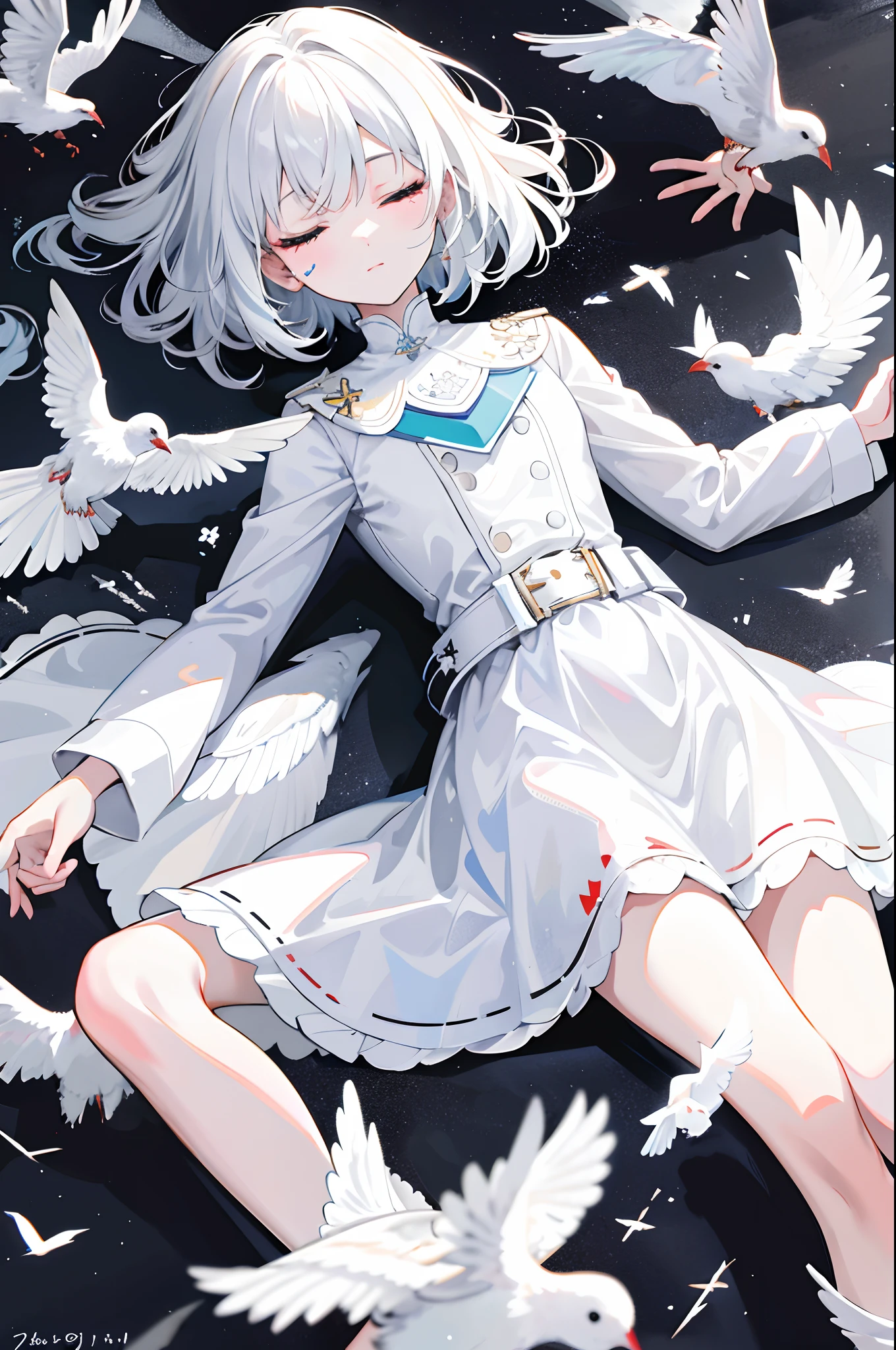 1girll,Two eyes closed,rays of sunshine,lies on the ground,white clothes,White color hair,Birds around you,The whole is black and white,There was blood around her