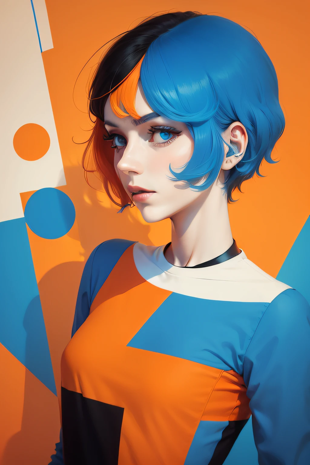 blue short hair,heterochromatic eyes,s girl,A yellow sweatshirt painted with sunflowers