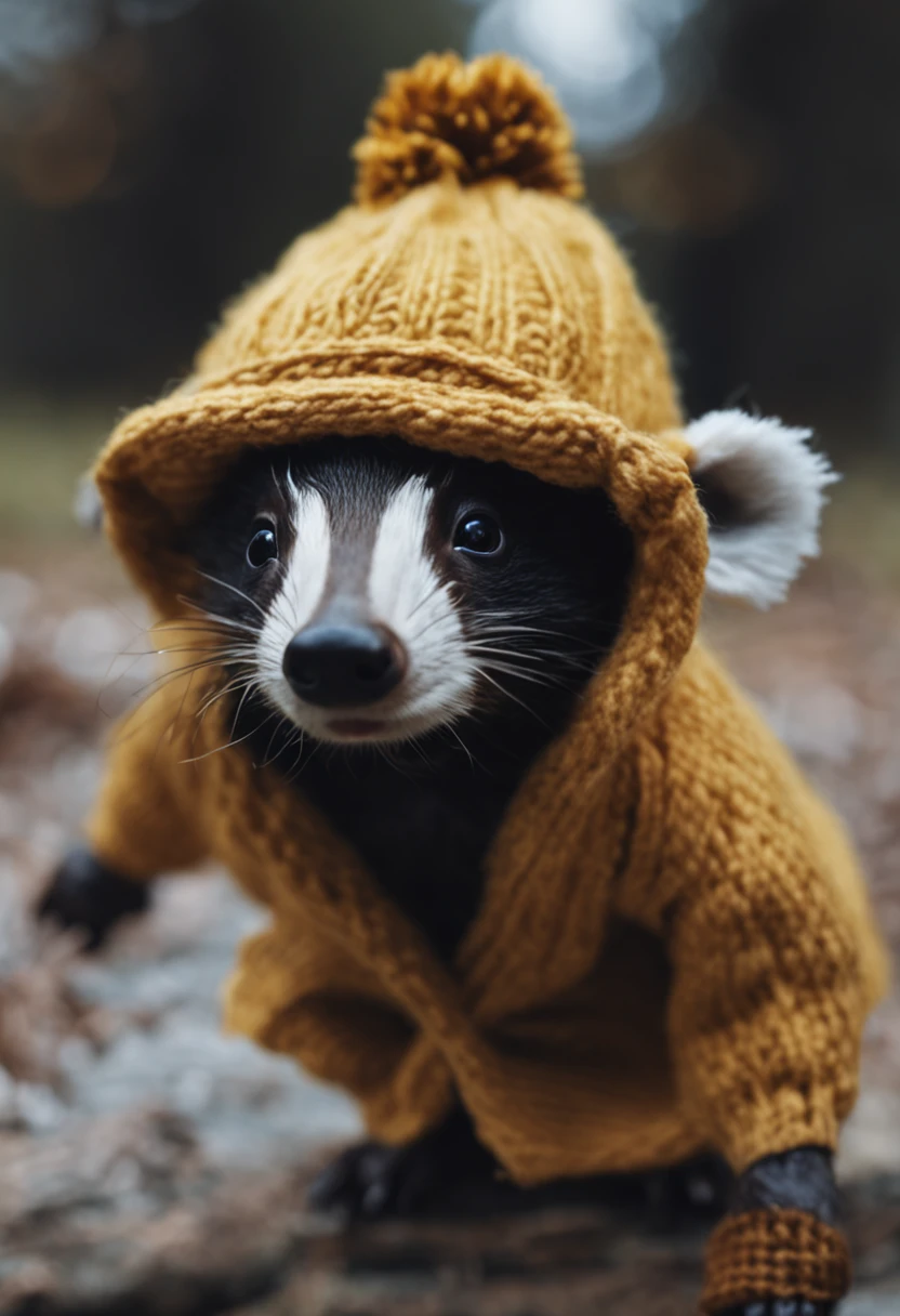 Create a picture of a  badger, He's wearing a Hufflepuff scarf and a brown selector hat that's covering one of his eyes