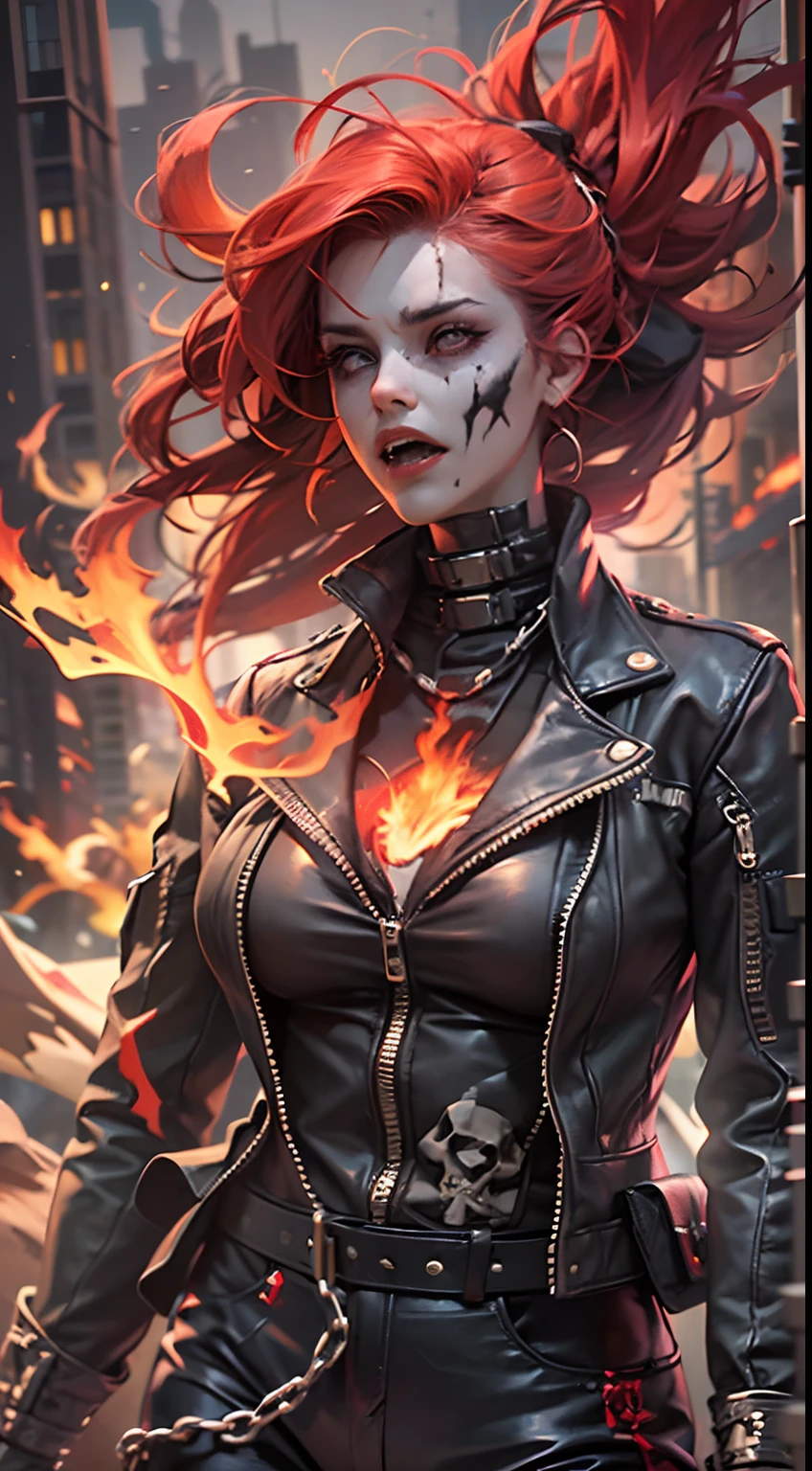 Female version of Ghost Rider, (Ghost Rider),A superhero under the Marvel Comics umbrella,The image is usually a burning human skeleton、Wear leather clothing、Heroes in chains,And get on a flaming motorcycle,Fight evil enemies everywhere。Flames flutter in the wind,The burning skull speaks of his immense hatred,He gave his soul to hell,Surround your filthy body with poisonous fire and chains,In his fiery eyes,You see your own sinful life,That manic laughter devours your entire soul。Ride a spooky Harley for the night,Walk between hell and earth,The roar of the motor is accompanied by an angry roar,What remains is a line of fire that attracts light and darkness。Everywhere the motorcycle passes, It will be a mess,There will also be fire marks on the road。Influenced by supernatural forces,The deep flames of hell,Will directly cover the whole body of the Evil Spirit Knight,After the flesh and blood were burned,It took the form of hellfire。If you don't wear clothes,Skeleton and fire do not make the character visible,If you put on clothes,It can show a part of the body in human form,And better than the host body in human form。Hellfire can scorch anything as the Ghost Rider himself wishes,Or something that won't hurt any evil spirit knights。huge tit,Thin waist and thick hips,long leges,Sexy figure,