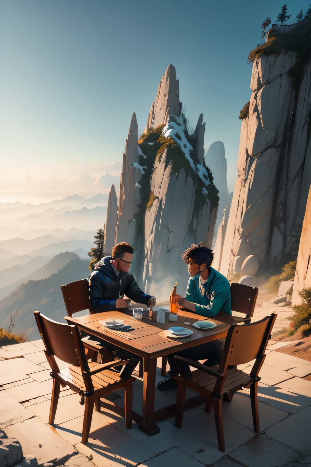 Realistic, Real life, On Mount Hua in China, Beautiful breakfast table,Background of Greg Rutkowski, in style of laurie greasley, by Ghibli Studio, Akira Toriyama, James Gilead, Genshin Impact, trending pixiv fanbox, acrylic palette knife, 4K, (Vibrant colors), (Bright color contrast), (Highly saturated), devinert, trending on artstationh