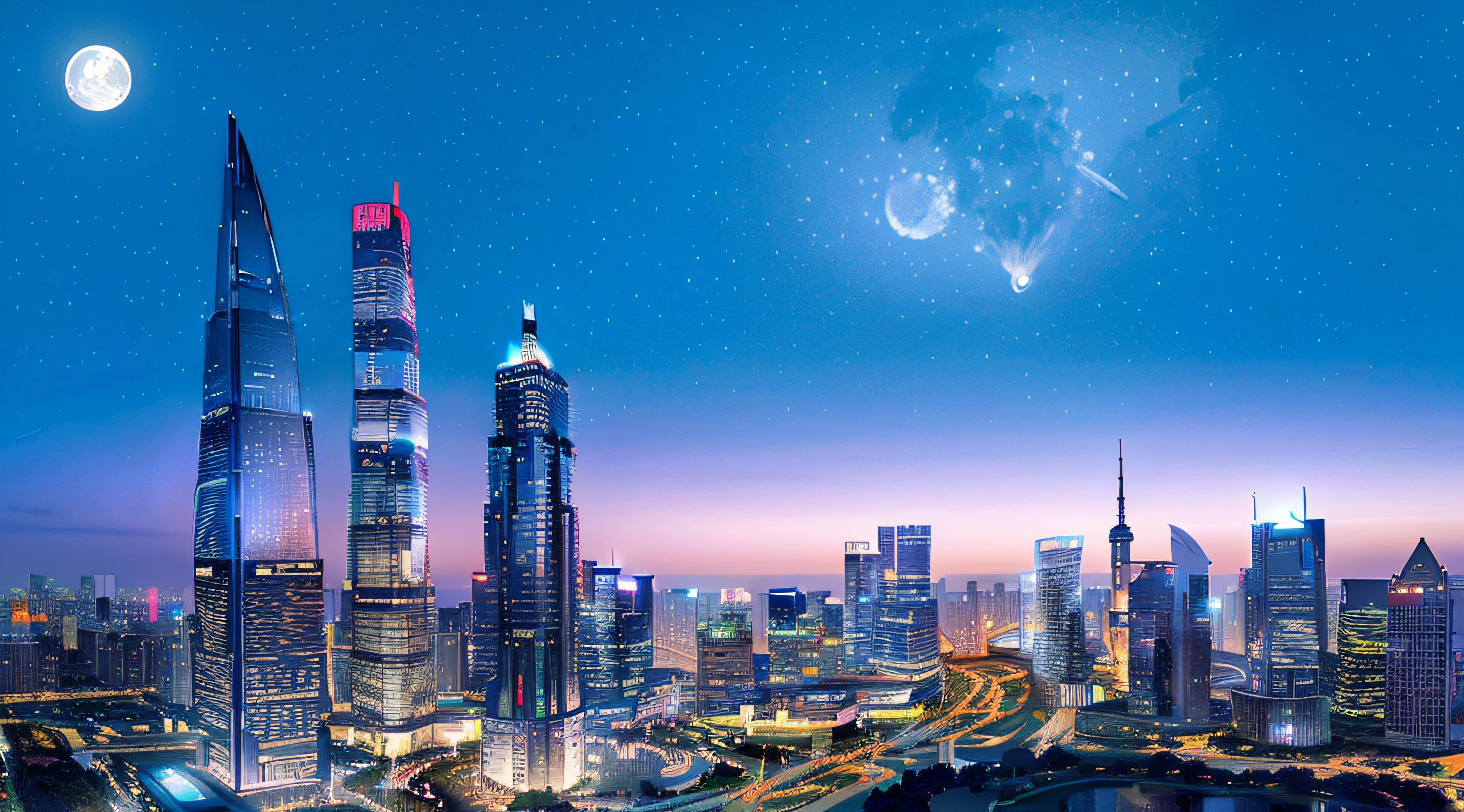 Night view of a city with skyscrapers and a full moon, ethereal starlit city at sunset, shanghai city, super wide view of a cityscape, Shanghai Lujiazui, 3840 x 2160, 3840 x 2160, stunning images, author：Bernardino May, Beautiful city of the future, Wide view, Beautiful cityscape.