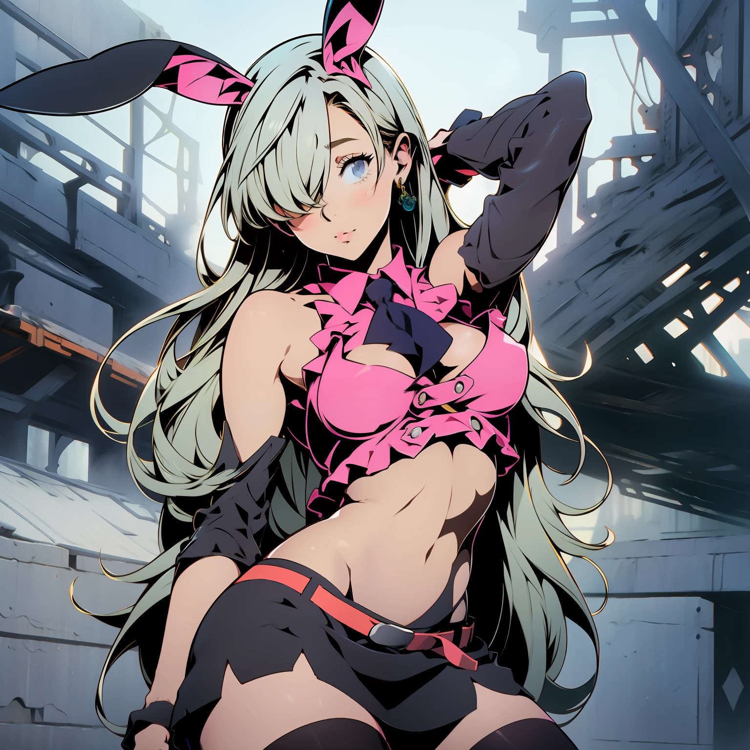 BREAK (best quality), (masterpiece), 1girl, playboy bunny, photo session, hmeliza, 1girl, hair over one eye, jewelry, single thighhigh, midriff, black skirt, asymmetrical legwear, pink shirt, black thighhighs, belt, miniskirt