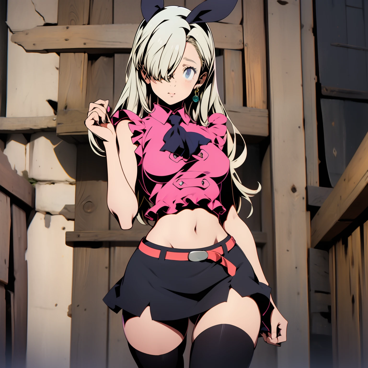 BREAK (best quality), (masterpiece), 1girl, playboy bunny, photo session, hmeliza, 1girl, hair over one eye, jewelry, single thighhigh, midriff, black skirt, asymmetrical legwear, pink shirt, black thighhighs, belt, miniskirt