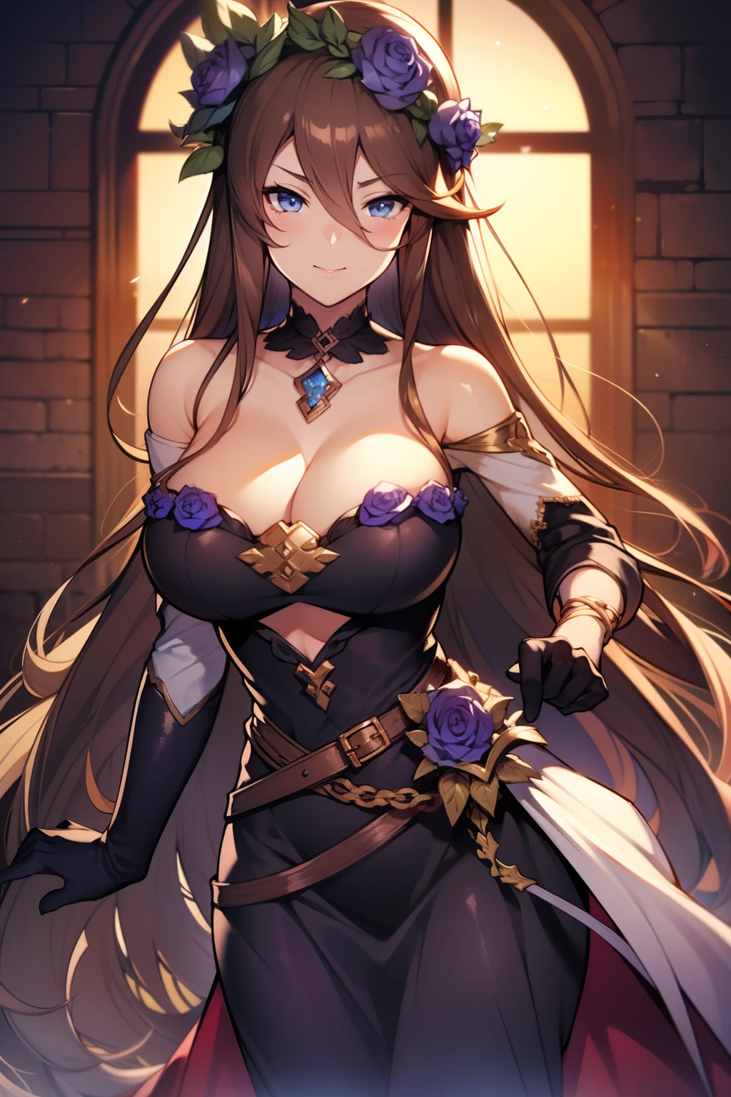 1girl, bare_shoulders, black_dress, black_gloves, black_hair, blue_eyes, blue_flower, blue_rose, breasts, brown_hair, cleavage, commentary_request, dress, flower, gloves, granblue_fantasy, hair_between_eyes, hair_flower, hair_ornament, jewelry, large_breasts, long_hair, looking_at_viewer, memento_vivi, off_shoulder, rose, rosetta_(granblue_fantasy), solo, sword, weapon