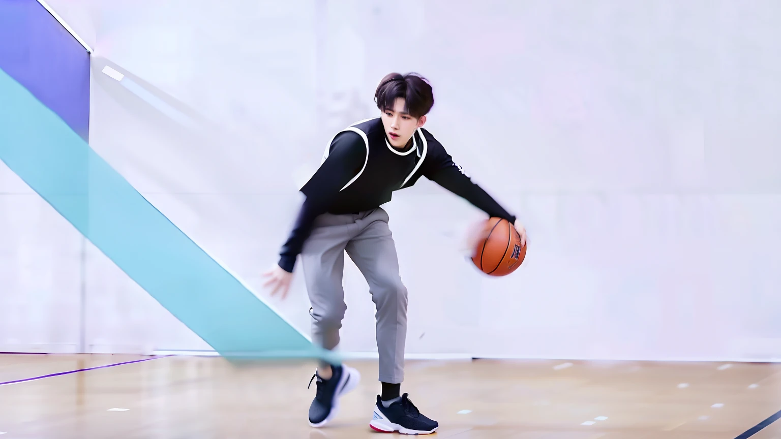 A man in a black shirt and gray pants holds a basketball, Cai Xukun, trending dribble, drools, dribbble, dribble popular, he is dancing, dribble contest winner, trending on dribbble, jimin, Playing basketball, jungkook, Perfect dynamic pose, jung jaehyun, park jimin, low quality video, mid air shot