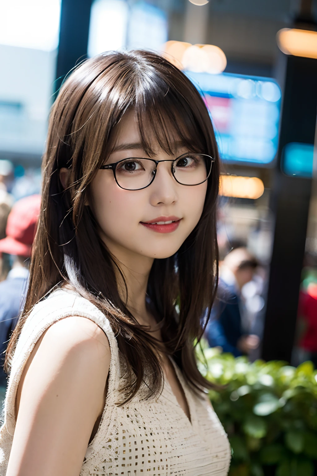 (8K、Raw photography、top-quality、masterpiece:1.2)、(realisitic、Photorealsitic:1.37)、ultra-detailliert、超A high resolution、女の子1人、see the beholder、beautifull detailed face、A smile、Constriction、(Slim waist) :1.3)、white clothes、Beautiful detailed skin、Skin Texture、Floating hair、Professional Lighting、airport、Black-rimmed square glasses 、Whole human body、Brown hair