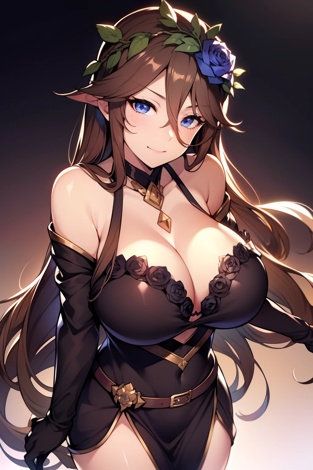 1girl, bare_shoulders, black_dress, black_gloves, black_hair, blue_eyes, blue_flower, blue_rose, breasts, brown_hair, cleavage, commentary_request, dress, flower, gloves, granblue_fantasy, hair_between_eyes, hair_flower, hair_ornament, jewelry, large_breasts, long_hair, looking_at_viewer, memento_vivi, off_shoulder, rose, rosetta_(granblue_fantasy), solo, sword, weapon