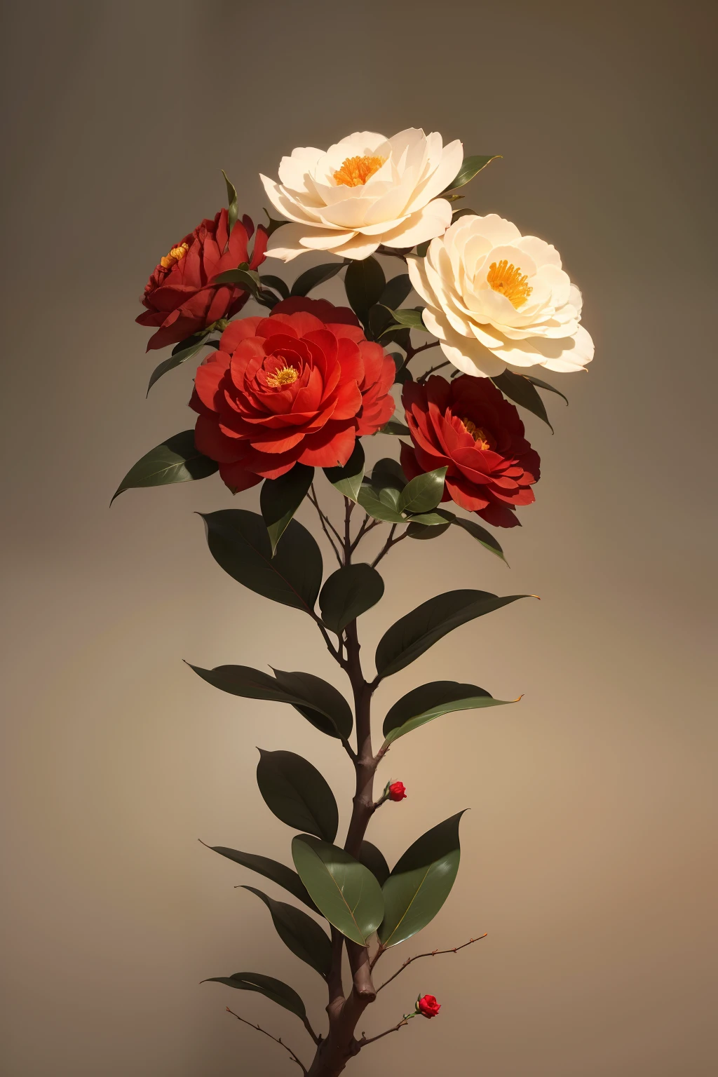 There is only one camellia flower bone on the nodular branch,The flower bones are dark red,greybackground,simple backgound,in the style of light orange and light beige,minimalist images,photographic installations,Paleonucleus,green and crimson,ultra-realistic realism,Poetic intimacy