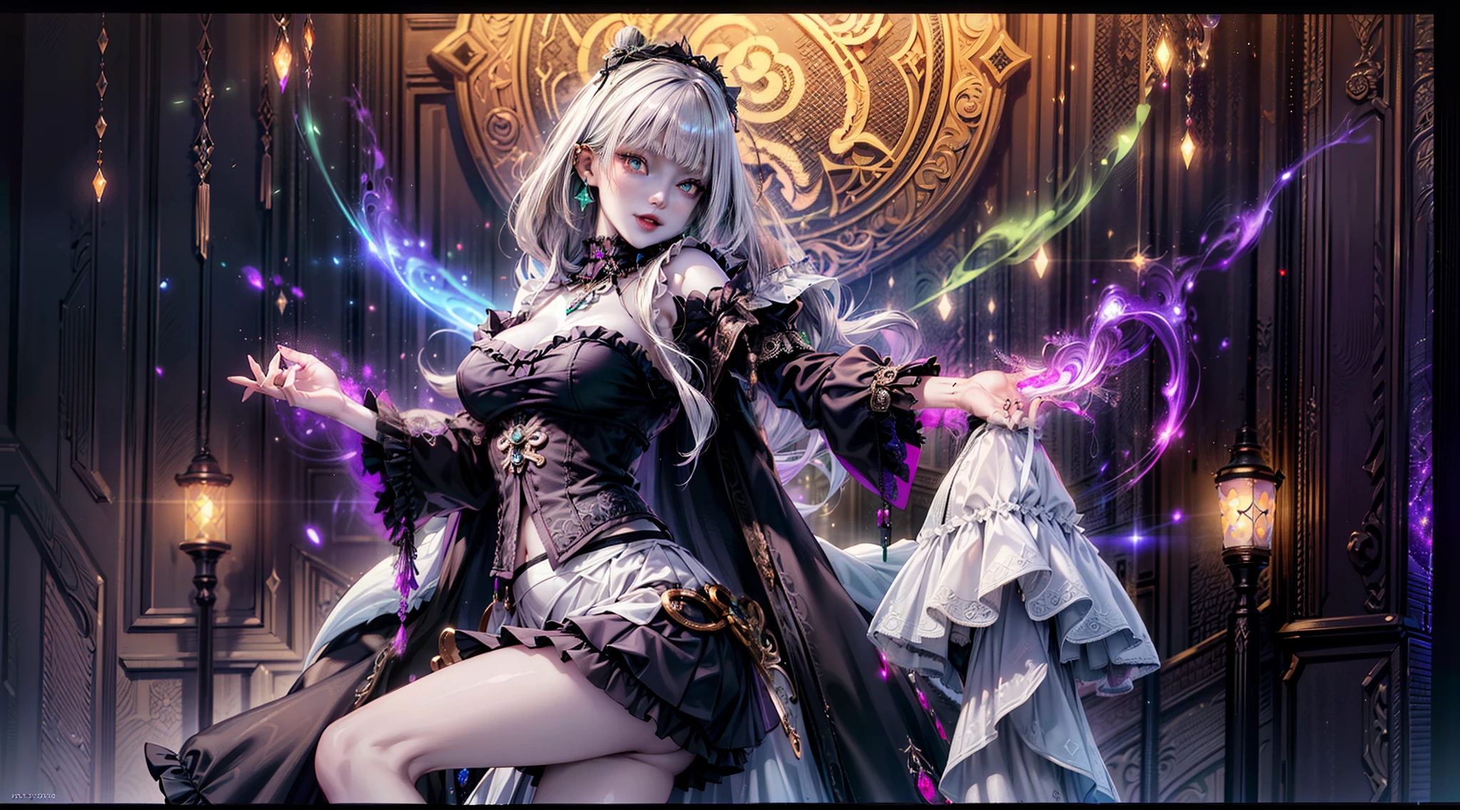 (necromance:1.2) girl, 1girl, perfect and well designed shiny eyes, (beautiful detailed (emerald:1.3) marsh eyes:1.05), natural breasts, slim body, beautiful and delicate face, (face detail), ((realistic face)), pores, ((pale skin)), detailed skin, realistic skin, medium length hair, hair voluminous, super high resolution, 8k, parameters Best quality, (masterpiece:1.4), (magic accessories:1.4), bracelets, necklaces, dark extremely detailed thick tight ((lacy silk clothing:1.3), (lacy wrap dress:1.2), (lycra kimono:0.8),(wild goth skirt:1.5)), (shabby ruffles coat:1.6), (embroidery and lace:1.3), (jewelry ornaments:1.6), hair ornament, (cloth:1.3), (neckline:1.3), (cleavage), decolette, navel, Young Girl, Little Beast, (crazy:0.7) Smile, (Pale Skin:2.0), (19 Piercings:1.6), ((tattoos all over body, Tribal tattoos all over legs)), surrounded by darkness, (Darkness:1.2), Dark Fantasy, ultra detailed, photorealistic, ((Real image)), (best quality:1.4), super high resolution, (Realistic 2.0), More details, (full body portrait), (((1girl))), (witchcraft:1.5), magic energy flows and sparkles, (futurism:1.3), fantasy, (cyberpunk:1.4), (magic technologies:1.3), (beautiful and aesthetic:1.2), (fractal art:1.4), (cinematic light:1.1), (DUTCH ANGLE:1.75), 16K, HDR, RTX, Ray Tracing, Radiosity, Anisotropic Filtering, Subsurface Scattering, (((magic lights))), metallic reflections, Detailed, Realistic, 4k highly detailed digital art, (cool_color), extremely detailed CG unity 8k wallpaper, vibrant colors, (((seductive pose)))