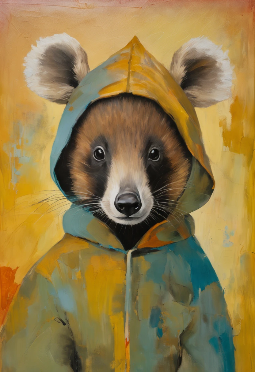 Create a picture of a baby badger, He's wearing a Hufflepuff scarf and a brown selector hat that's covering one of his eyes