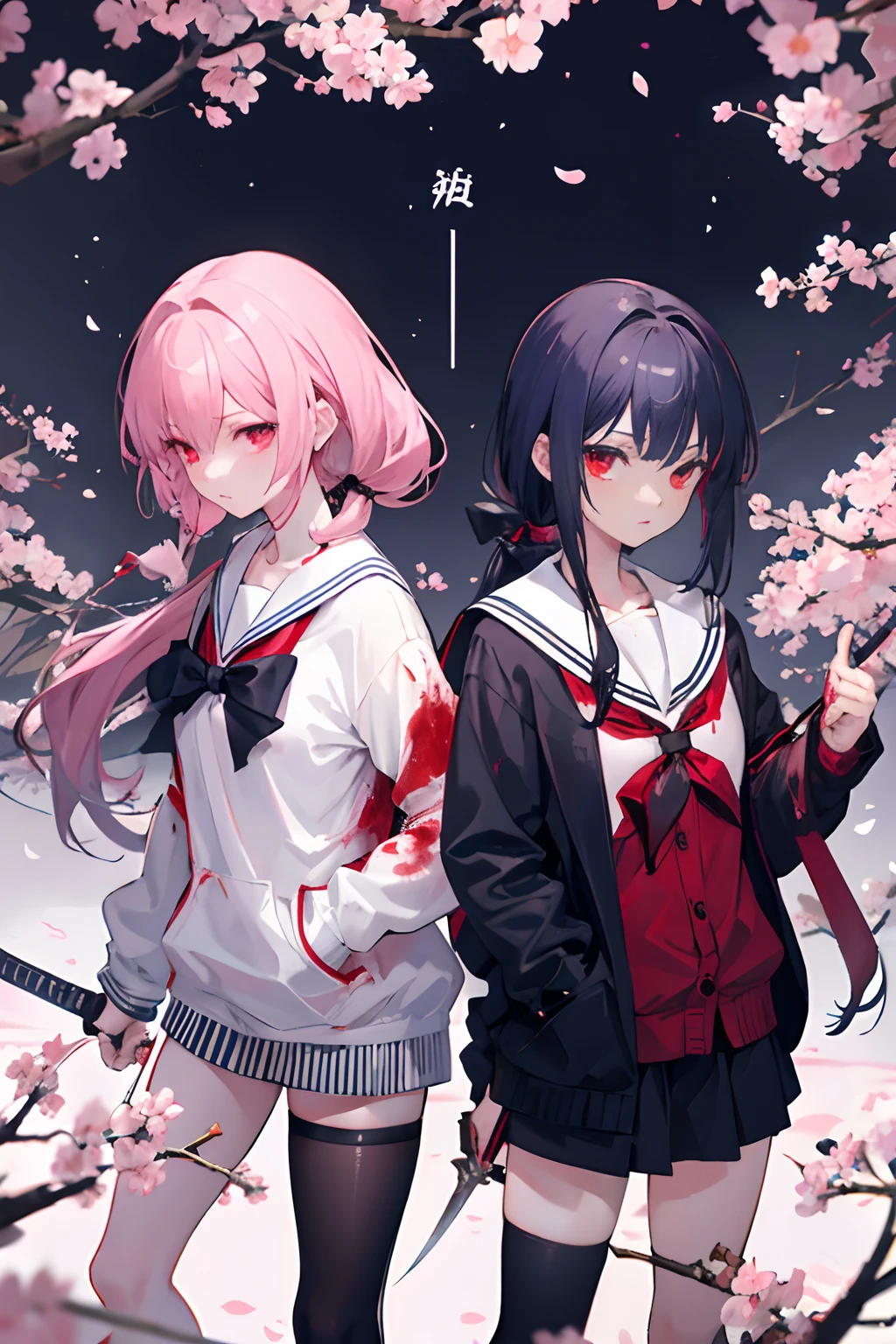 2girls、nightcity、Weapons with blood on them、Great body、Great legs、Sailor suit with blood on it、Wearing a cardigan、A dark-haired、Sword、Holding a weapon with blood on it、Cherry blossoms are dancing、poneyTail、Ordinary girl、The actions of two people who fight、a cool、It's battered