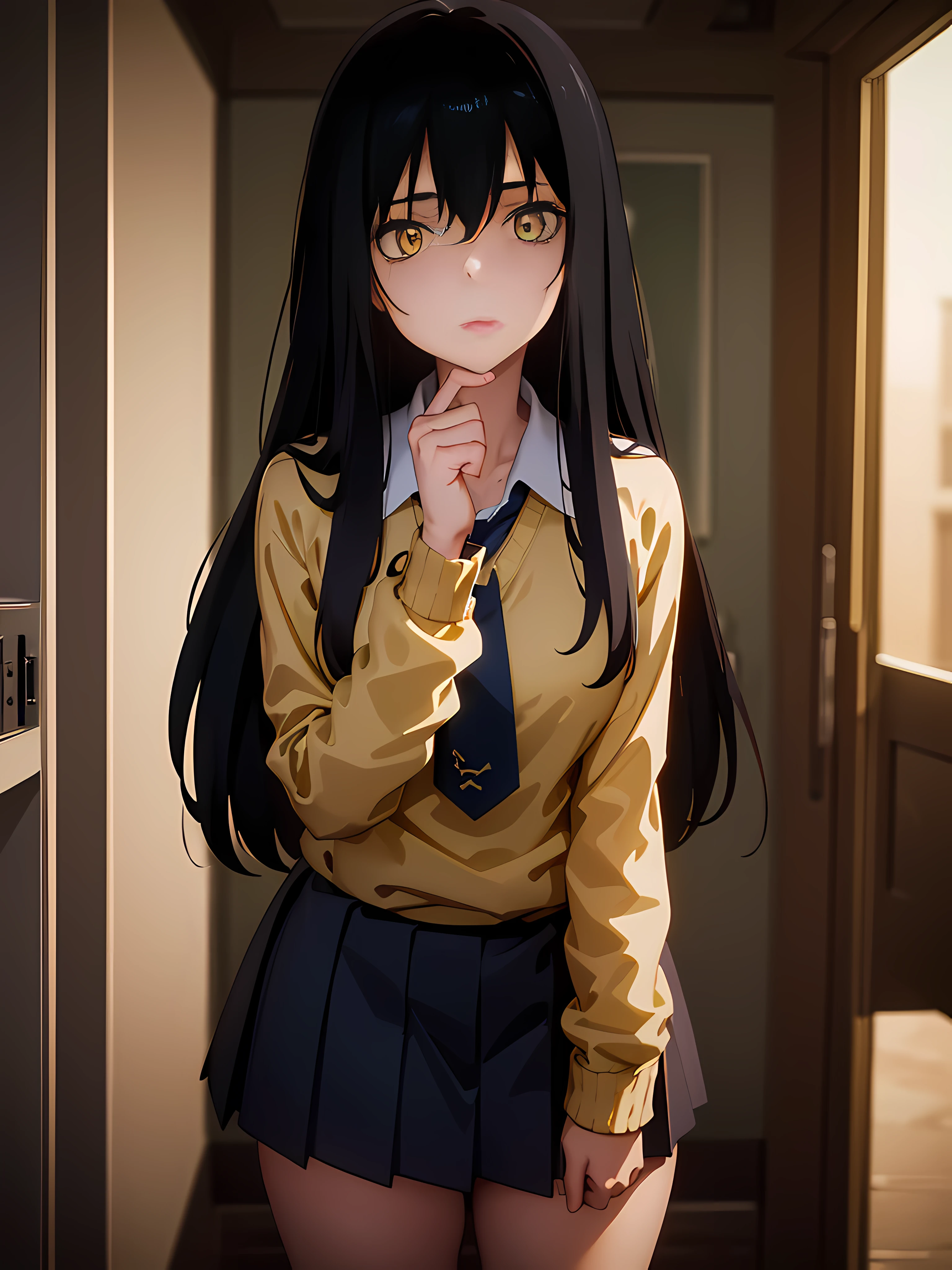 A stunningly beautiful student girl without make-up, 17 years old, /(long black hair with blue tips, triangular face, perfect yellow eyes, shapely legs, hourglass body, sexi,), /(school uniform: Yellow sweater, white blouse, dark blue miniskirt, dark blue socks,), nikon d850 film stock photograph, kodak portra 400 camera f1.6 lens, extremely detailed, amazing, fine detail, rich colors, hyper realistic lifelike texture, dramatic lighting, unrealengine, cinestill 800 tungsten, looking at the viewer, photo realistic, raw photo, high quality, highres, sharp focus, extremely detailed, cinematic lighting, 8k uhd