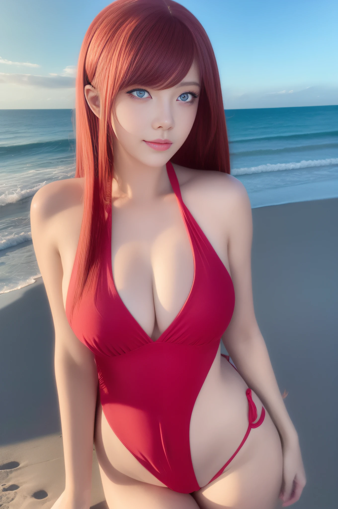 Best quality,tmasterpiece,1girll,red tinted hair,short detailed hair,eBlue eyes,shiny skins,sunflare,an award winning photograph, Wide angle photo of the beach, morningglow,Healthy body, closeup cleavage, with dynamism, Photorealistic, Realistic, Dramatic, Dark, Sharp focus, 8K,20yr old,fully body photo(top-quality,8K,tmasterpiece:1.3),Sharp focus:1.2,Beautiful Women in Perfect Figure:1.4,The abdomen is slender:1.2,(Layered Hair Style,:1.2),Large breasts 1.3,Light red floral one-piece swimsuit,(distance:1.2),Moist body:1.1,Get out of the water,Very delicate face and skin texture,Detailed eyes,二重まぶた,Raised sexy,marron marron,Real skin,Real eyebrows,Blue eyeballs,perfect proportion of body,Run on the beach,Exercise posture,looking at viewert,Gaze towards the viewer