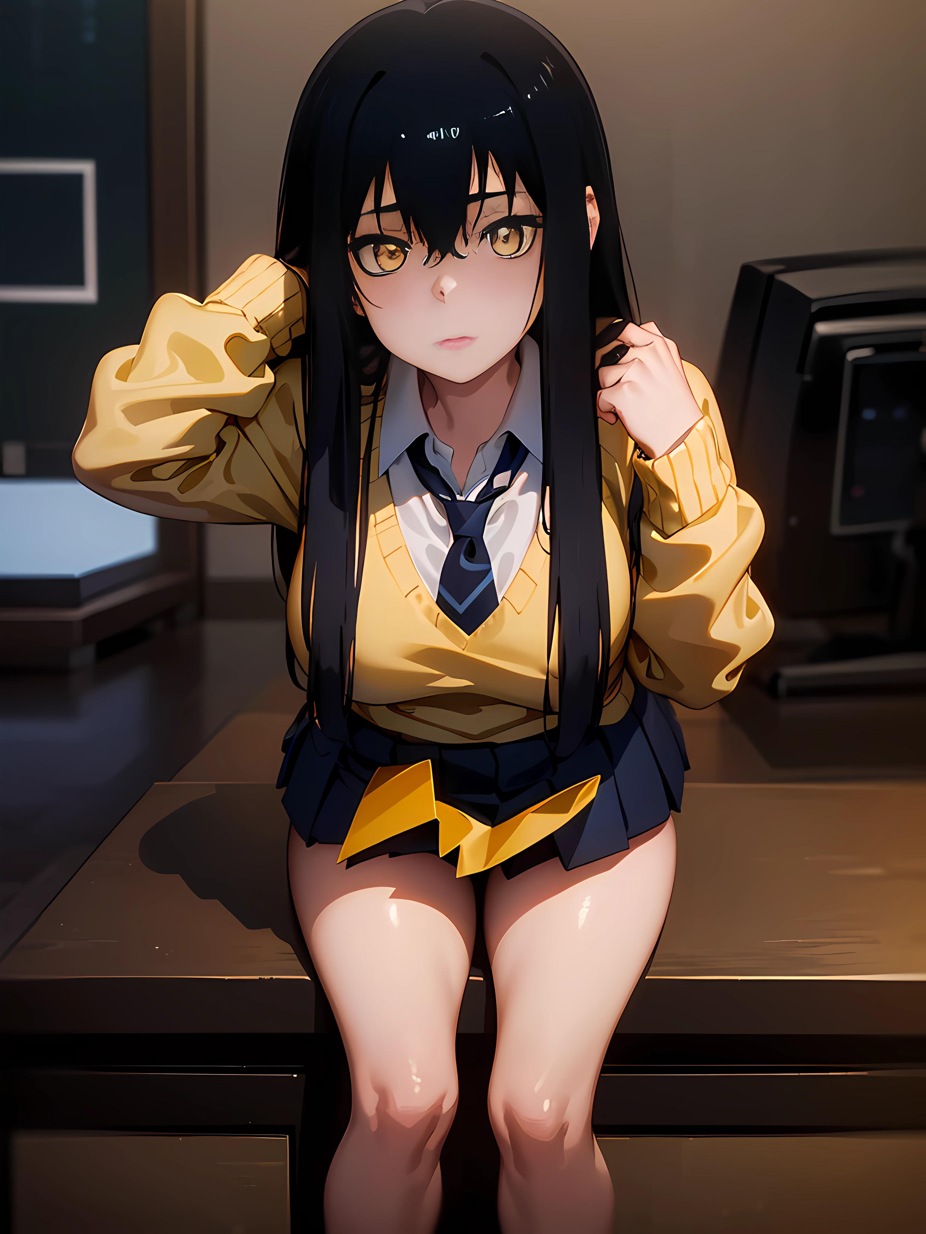 A stunningly beautiful student girl without make-up, 17 years old, /(long black hair with blue tips, triangular face, perfect yellow eyes, shapely legs, hourglass body, sexi,), /(school uniform: Yellow sweater, white blouse, dark blue miniskirt, dark blue socks,), nikon d850 film stock photograph, kodak portra 400 camera f1.6 lens, extremely detailed, amazing, fine detail, rich colors, hyper realistic lifelike texture, dramatic lighting, unrealengine, cinestill 800 tungsten, looking at the viewer, photo realistic, raw photo, high quality, highres, sharp focus, extremely detailed, cinematic lighting, 8k uhd