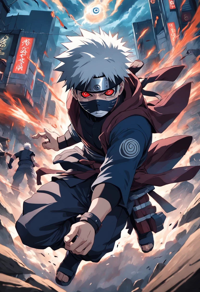 An incredibly detailed illustration of Hatake Kakashi in Combat Position highlighting his sharingan, corpo inteiro, olhos perfeitos, perfect hands, dedos perfeitos, incredible details, sombras perfeitas, Dynamic background, estilo de desenho hiper-realista.