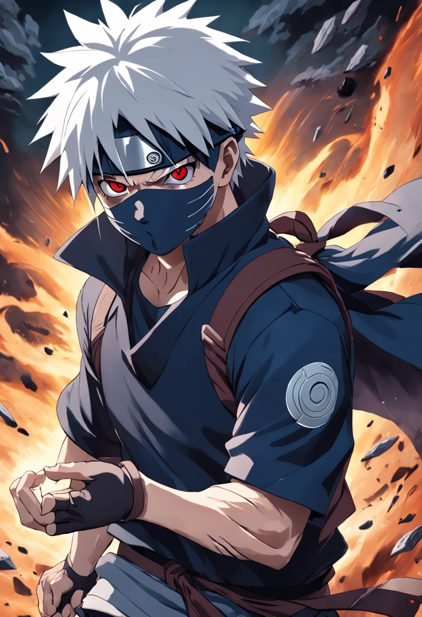 An incredibly detailed illustration of Hatake Kakashi in Combat Position highlighting his sharingan, corpo inteiro, olhos perfeitos, perfect hands, dedos perfeitos, incredible details, sombras perfeitas, Dynamic background, estilo de desenho hiper-realista.