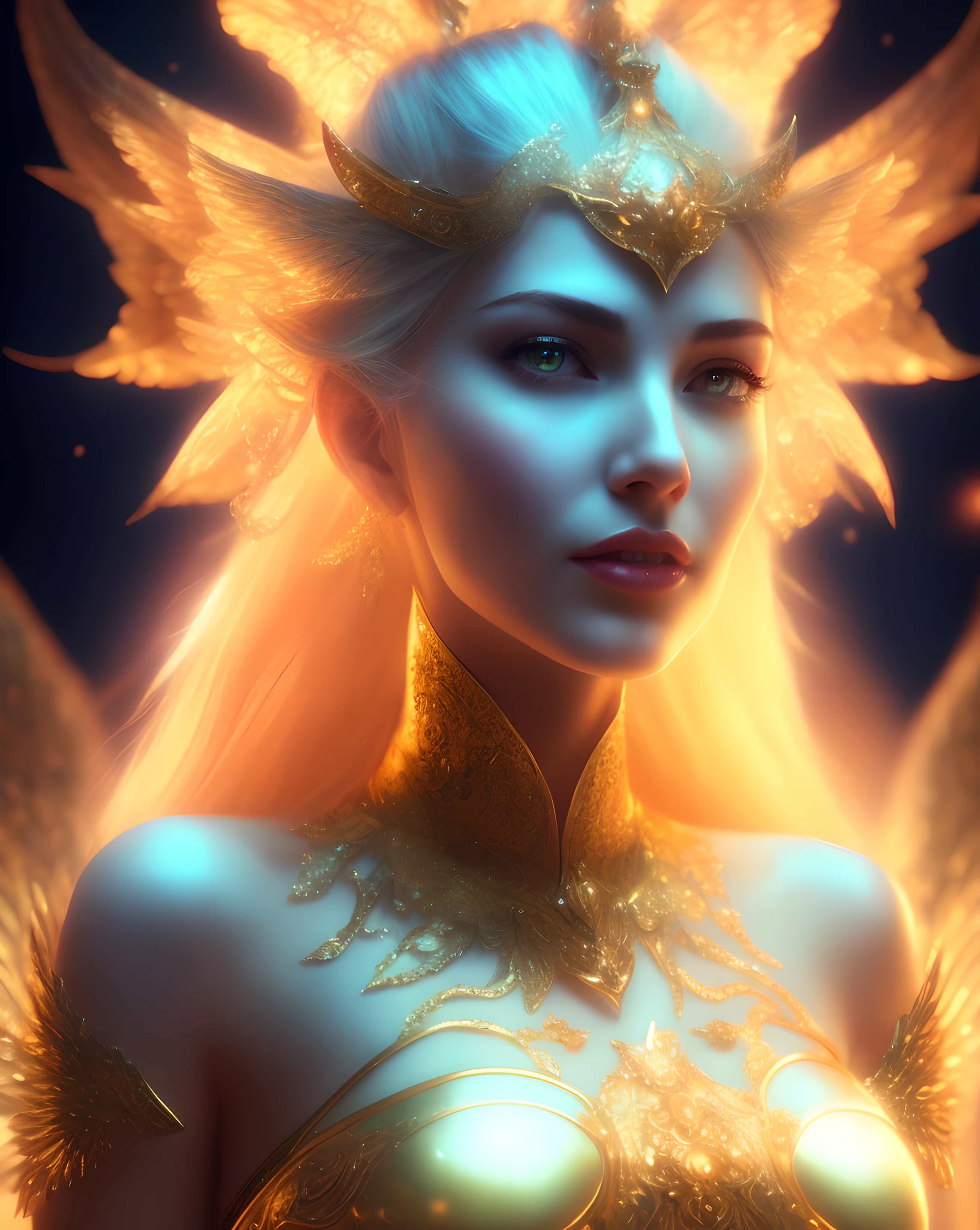 a close up of a woman with a golden dress and wings, fantasy art behance, beautiful and elegant elf queen, portrait of queen of light, portrait of an elf queen, detailed fantasy digital art, artgerm julie bell beeple, goddess. extremely high detail, beautiful fantasy art portrait, cinematic goddess close shot, epic fantasy digital art style