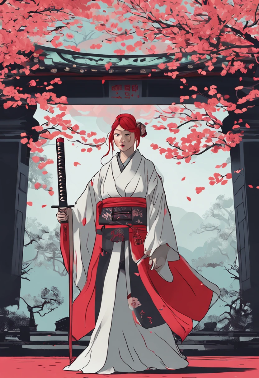 Temple of the burning Japan、natta、A woman in a white kimono with red hair in the middle and holding a sword Japan