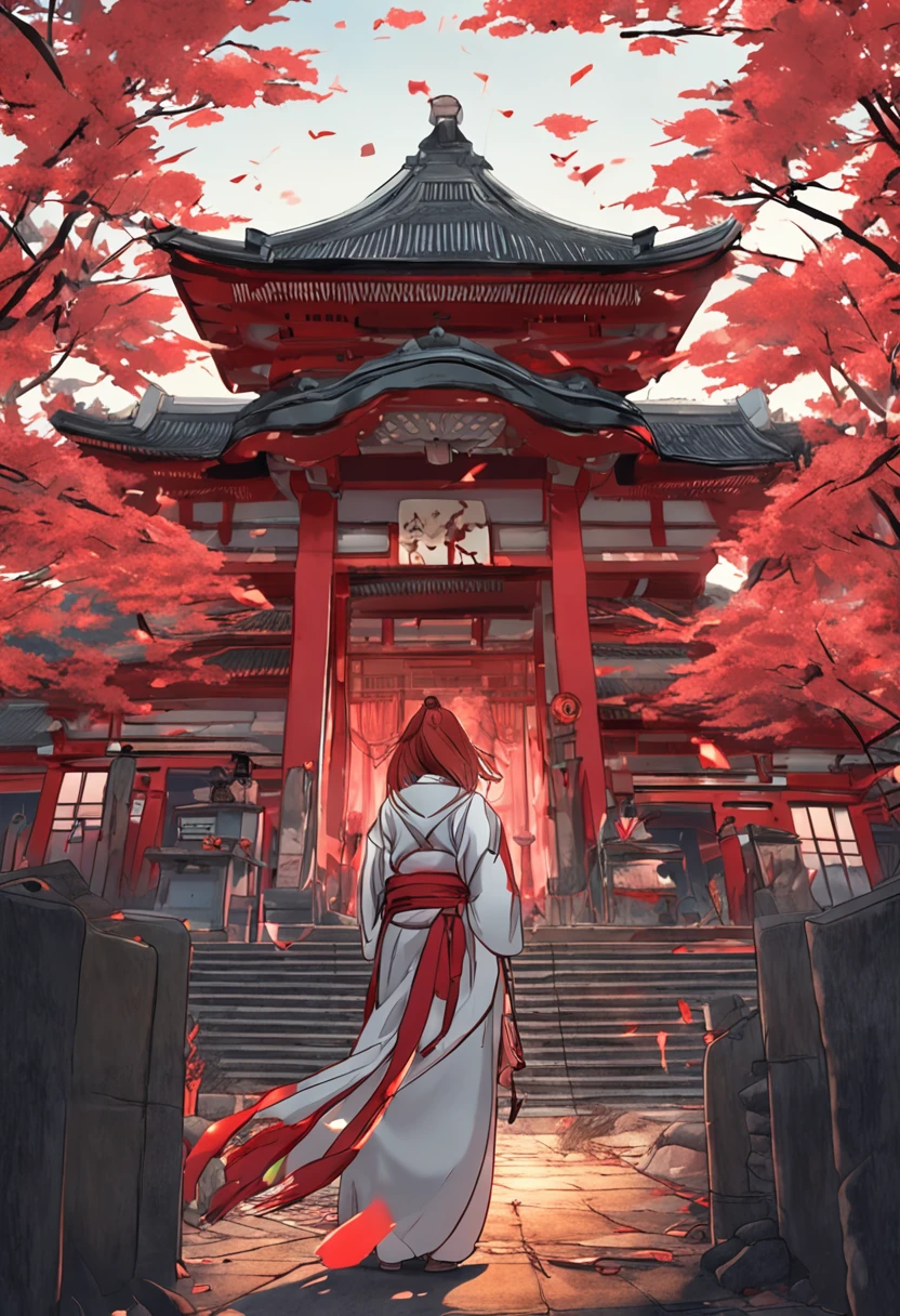 Temple of the burning Japan、natta、A woman in a white kimono with red hair in the middle and holding a sword Japan