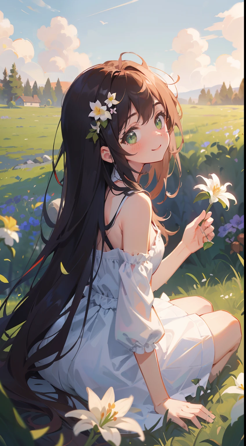 (masterpiece), (best quality), ultra high res, sharp focus, warm pastel tone, ((1 woman, solo)), full body, back profile shot, beautiful detailed hair, chestnut brown hair, long hair tumbles down, beautiful detailed face, green eyes, comfortable face, perfect feminine face, looking at the viewer, smiles, in the meadow of lily flowers, sitting on the ground, picking up the flower, (in the morning time:1.2)