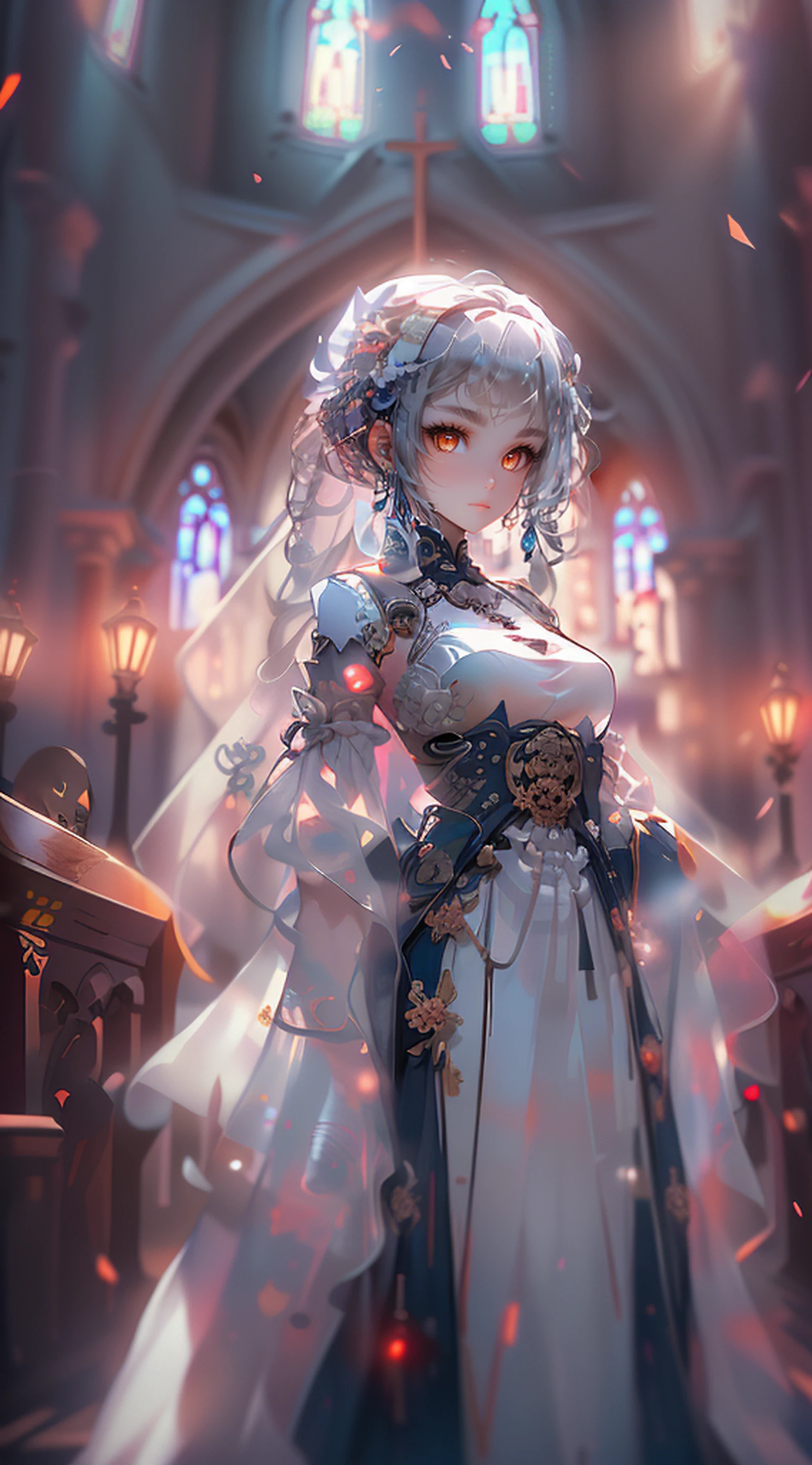 Ganyu standing in the middle of the church wearing a long wedding dress with big breasts 