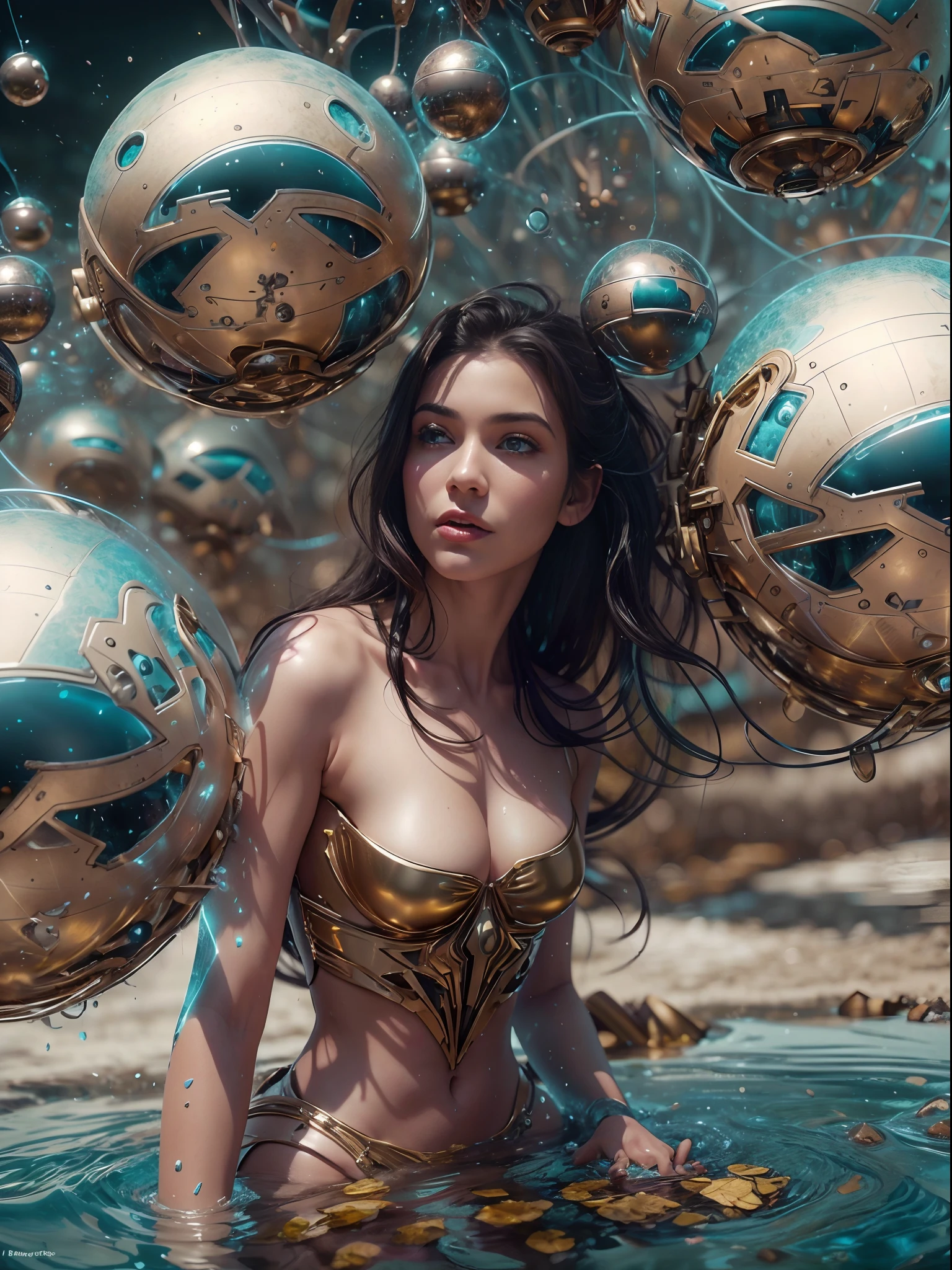 Beautiful 25-year-old girl levitating on water, ella esta ubicada en el centro, levitating over the water of a lake with mountains in the background,spheres with fractal designs around, cyberpunk, Fractal design in the background, FUTURISTICA, golden ratio, 3D tessellation of metal structures, neuronal graph, neuronas, Color, amor, passion, oil on canvas, pinceladas gruesas, Stunningly Detailed, 8k, obra maestra, Artstation, surrealista, obra maestra, realista, realismo, fotorrealismo, alto contraste, photorealistic digital art trending on artstation 8k hd high definition detailed realistic, detallado, textura de la piel, hiper detallado, textura realista de la piel, armadura, mejor calidad, ultra-high-resolution, , high resolusion, detallado, foto sin procesar, nikon d850 film stock photograph 4 kodak portra 400 camera f1.6 Lens rich colors hyper realistic texture dramatic lighting UnrealEngine trend in Artstation Cinestill 800,