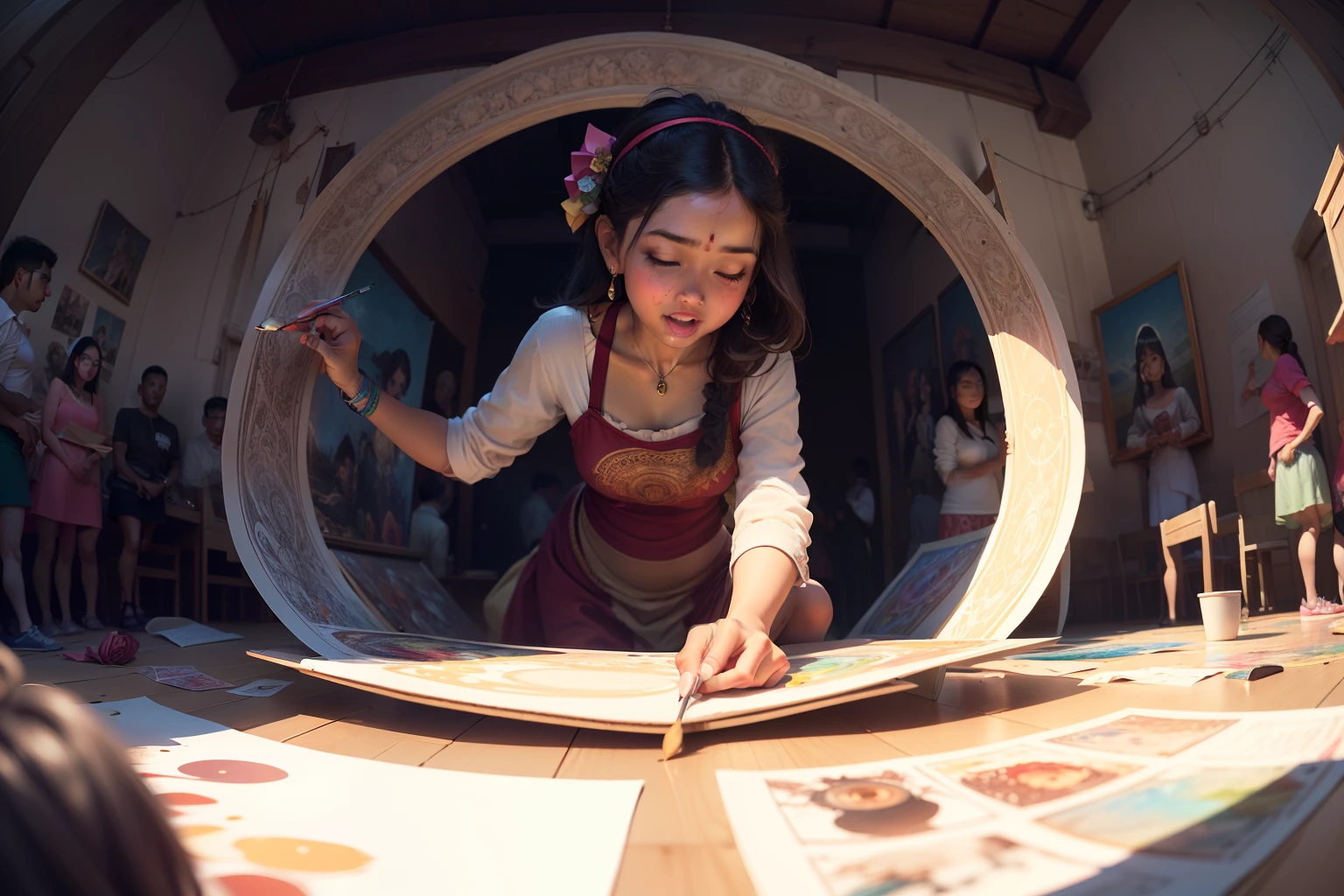 Word of Maya's gift spread, and ((people came to witness her magical art))(focus the people), cartoon style,,