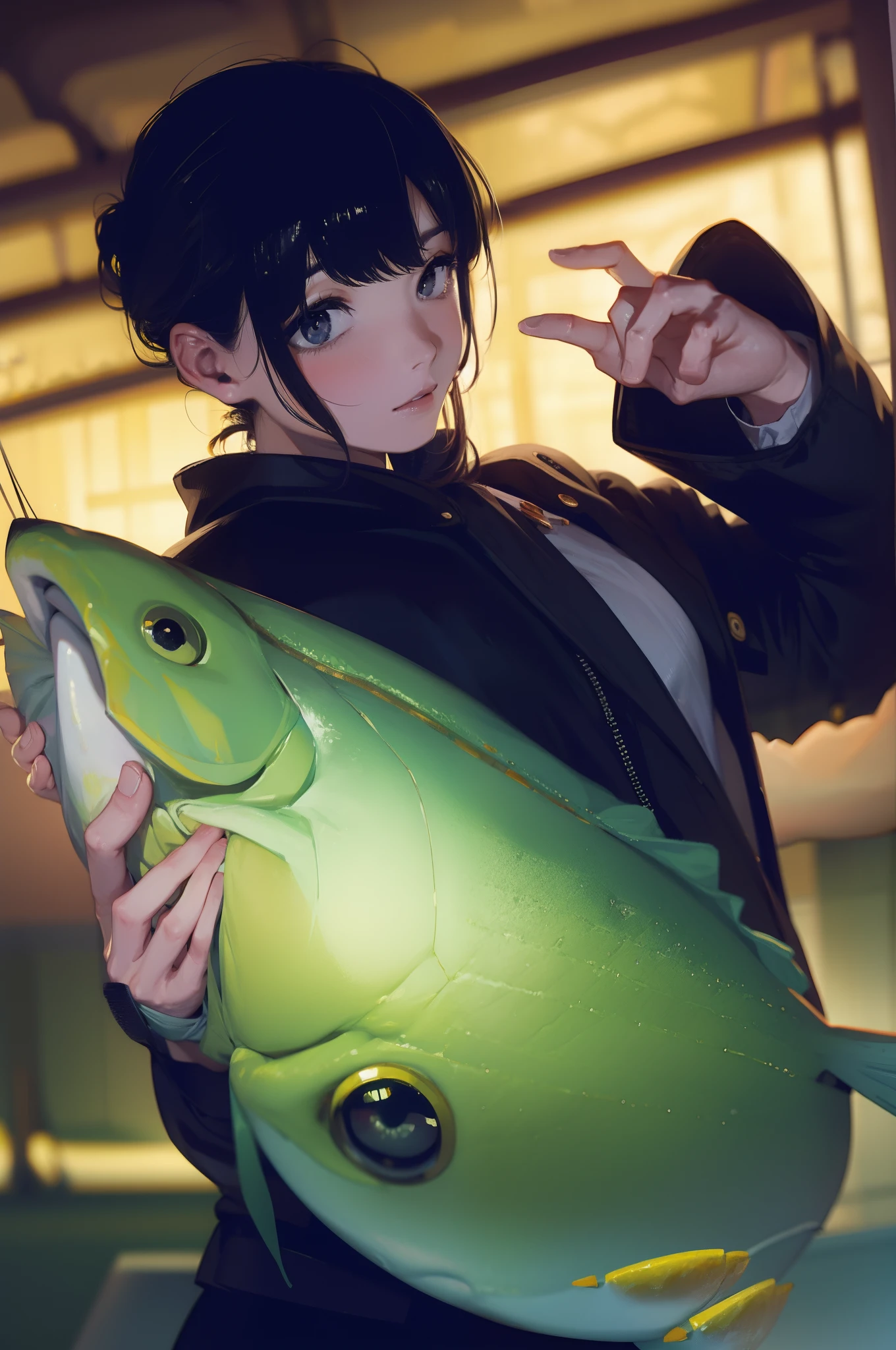 ((((Catch big fish by the lakeside)))),((Best Quality, masterpiece :1.3)),((( Large Mouth Bass))),hight resolution,ultra-detailliert,Beauty and aesthetics,masterpiece,best qualtiy,(1 Japanese 22 years old woman),Black hair, long eyeslashes, Solid Circle Eyes, deadpan, drop shadow, Atmospheric perspective,Super Detail, ccurate, small brest,(Black jacket :1.1),top-quality, absurderes:1.2, blurry backround, bokeh dof:1.2, a picture, (masterpiece:1.3), (intricate detailes:1.2), Atmospheric perspective,Super Detail, ccurate,