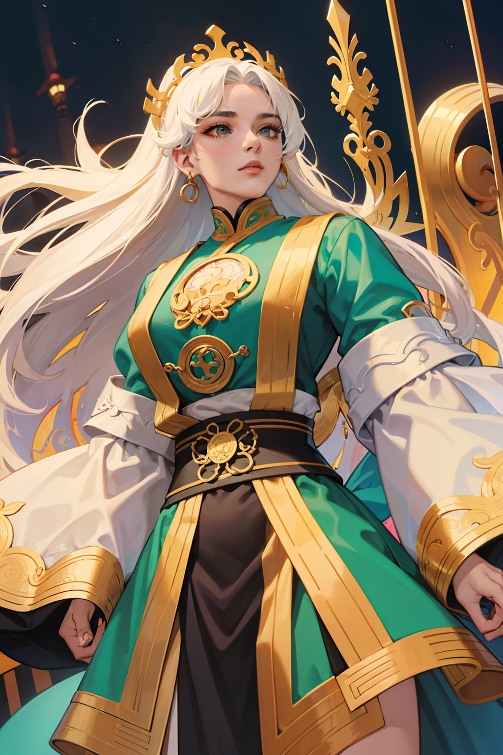 3 mulher,deidade marcial,Mulher usando roupa ancestral hunfa wuxia,Princesa Celestial,deusa,cabelos longos da cor branca,olhos negros fascinantes,seios grandes,muito bonita,voluptuosa mulher,sexy,belicoso,poderosa,imposing and haughty in a leadership position in the Heavenly Heaven Sect