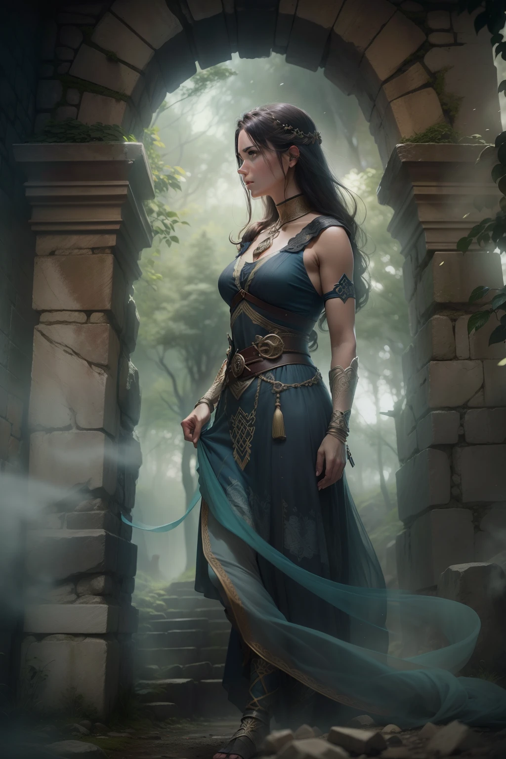 Mulher guerreira celta, Stone ruins, alta e esguia, Flowing dress with Celtic knot jewelry, procriar, watercolor technique, Poster design, 300 DPI, soft-lighting, ethereal art, misteriosa, serene expression, atmosfera encantadora, bokeh, foto, 8k, escuro , dynamic action, estilo desbotado, nostalgic dreamer, foco suave, vinhetas escuras, vazamentos de luz, medium shot photograph, Ethereal dark artistic painting, extravagante, coarse-grained photo