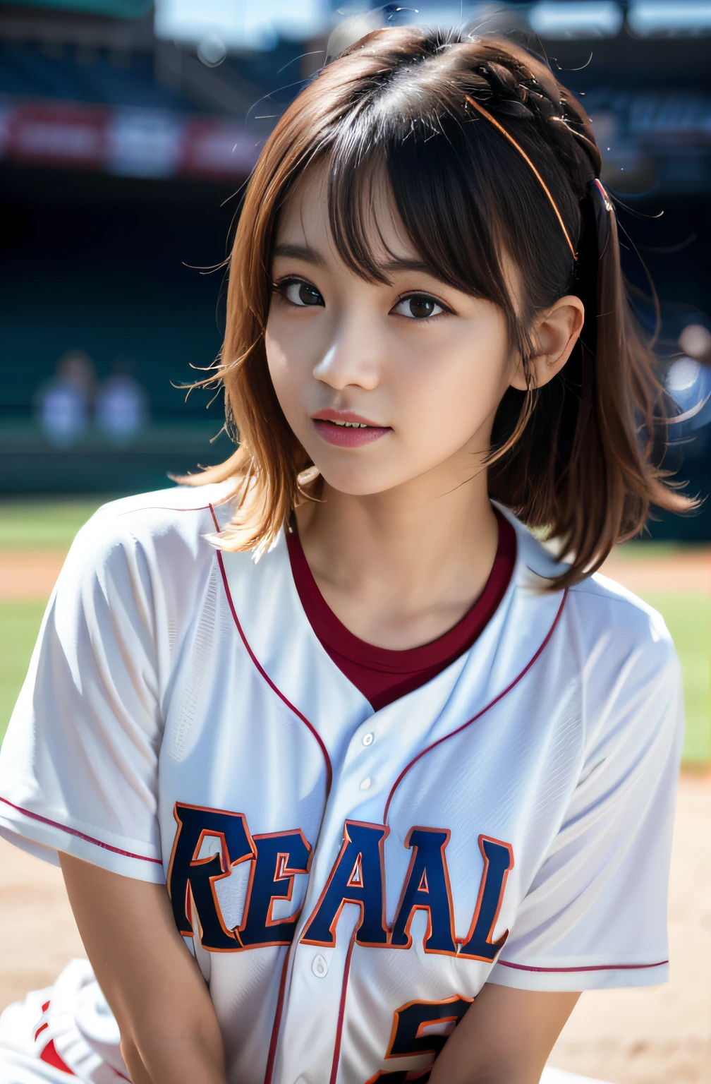 (8K, Raw-Photo, Top  Quality, ​masterpiece: 1.2), ​masterpiece, super detaill, 超High Resolution A, (realistic and realistic photo: 1.37), High Definition RAW Color Photography, very delicate and beautiful., ighly Details, 8K wallpaper, astonishing, The Details, very detail eyes, highlydetailed skin, extremely detailed fingers, extremely detailed nose, highly detail mouth, perfect anatomia,1girll, (Baseball Uniforms), hazy, blured background, blurred foreground, blush, Braid, pectorals, depth of fields, Eyebrows Visible Through Hair, Frild, Hair between eyes, baseball stadium, jewellery, looking up at viewer, Short hair, Sitting, Solo, tits huge、乃木坂アイドル、韓国アイドル、hposing Gravure Idol、pornstar、18 years-old、Tall、韓国アイドル、乃木坂アイドル、pornstar、hposing Gravure Idol、((s whole body)), ((Gravure Pose))