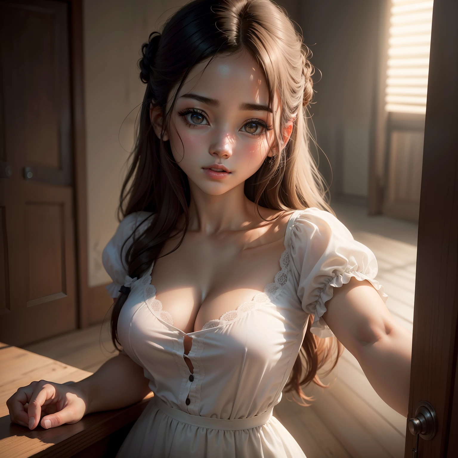 (menina muito bonito) ,(, Coreano ), (Foto RAW:1.2), (fotorrealista:1.4), olhos e rosto muito detalhados, belos olhos detalhados, tamanho de arquivo enorme, super detalhado, high resolution, Very detailed, master part,Unificada, Papel de parede 8K, Amazing, detalhes finos, master part, melhor qualidade, , luz no rosto, Cinematic lighting, 1girl, ((medium breasts)),((usando um vestido aberto: 1.6.)), (Peito Inferior: 1.2),