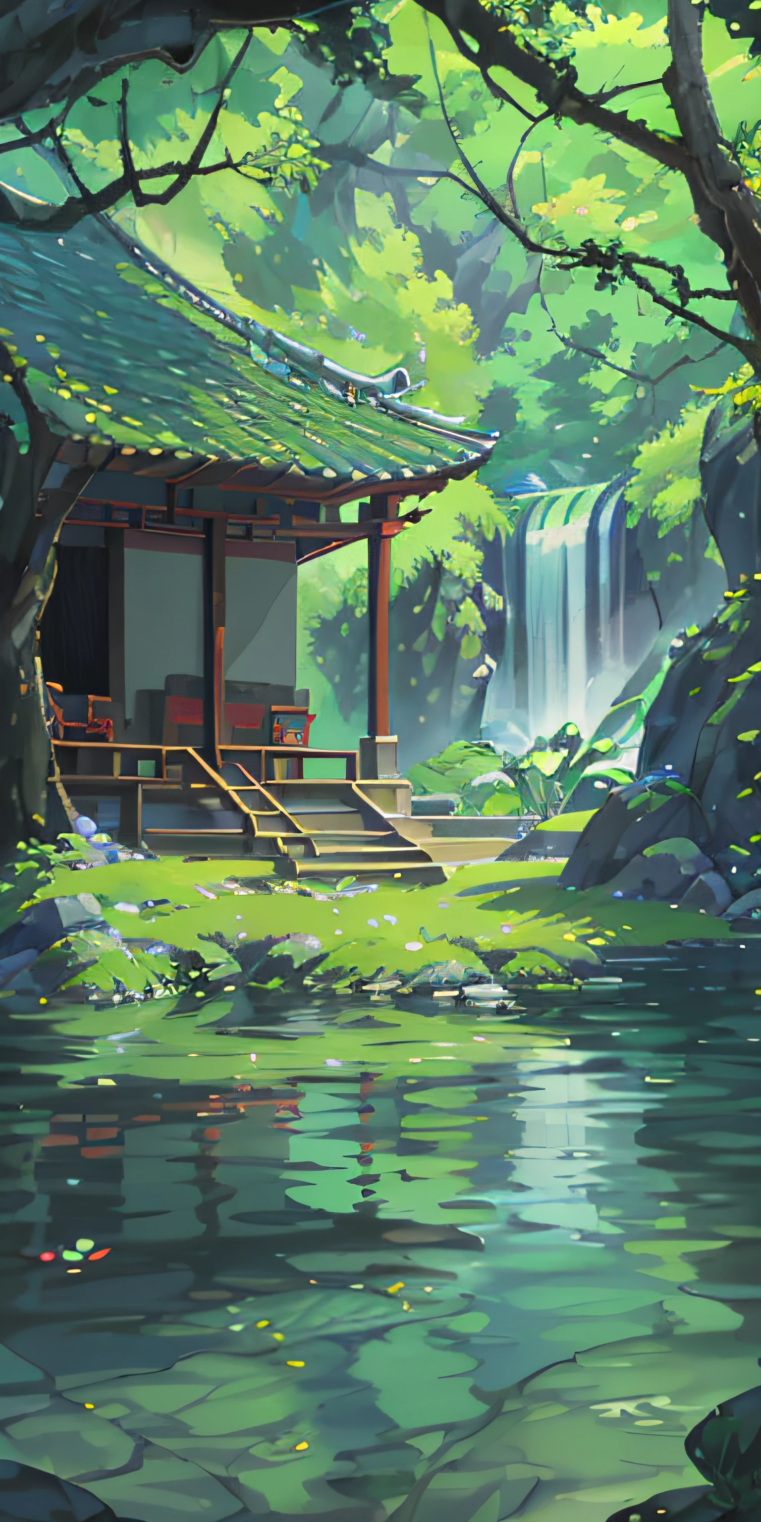Chinese ancient times, spring, jungle, lake, cave, waterfall, tree, meadow, rock, deer, hot spring, water vapor, (illustration: 1.0), epic composition, realistic lighting, HD details, masterpiece, best quality, (very detailed CG unified 8k wallpaper)