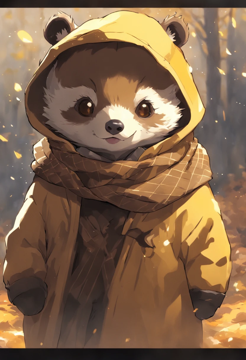 Create a picture of a baby badger, He's wearing a Hufflepuff scarf and a brown selector hat that's covering one of his eyes
