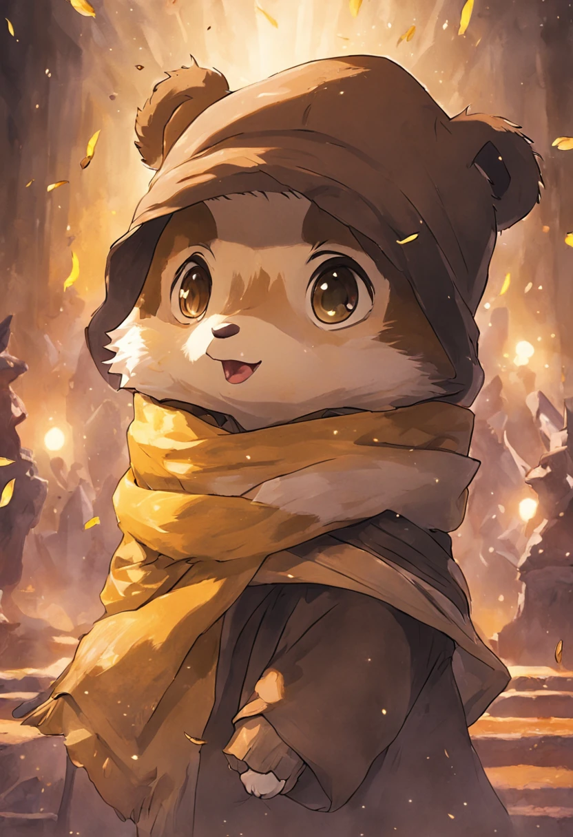 Create a picture of a badger, He's wearing a Hufflepuff scarf and a brown selector hat that's covering one of his eyes