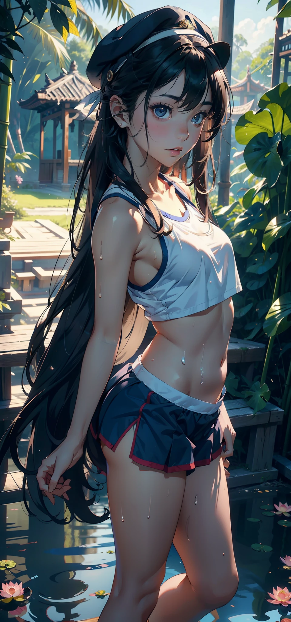1female,11yo,bit girl,Small loli,smallunderboob ,Pornographic exposure, 独奏,(Background with:bamboo forrest,lotuses,lotus flower,exteriors,Lotus pond) She has long black hair,standing on your feet,Sweat profusely,drenched all over the body,seen from the front, hair straight, mostly cloudy sky,(((tmasterpiece),(Very detailed CG unity 8K wallpaper),best qualtiy,cinmatic lighting,detailed back ground,beatiful detailed eyes,Bright pupils,Black eyes,(Very fine and beautiful),(Beautiful and detailed eye description),ultra - detailed,tmasterpiece,)),facing at camera,A high resolution,ultra - detailed),revealing breasts,Bare genitalia, Bulge,legs are open,Raised sexy,Camel toes,Flushed complexion,Open-mouthed,frontage,elementary student,(Wearing:Blue sailor uniform,Sailor's cap,athletic sneakers)Full body photo,Show shoes