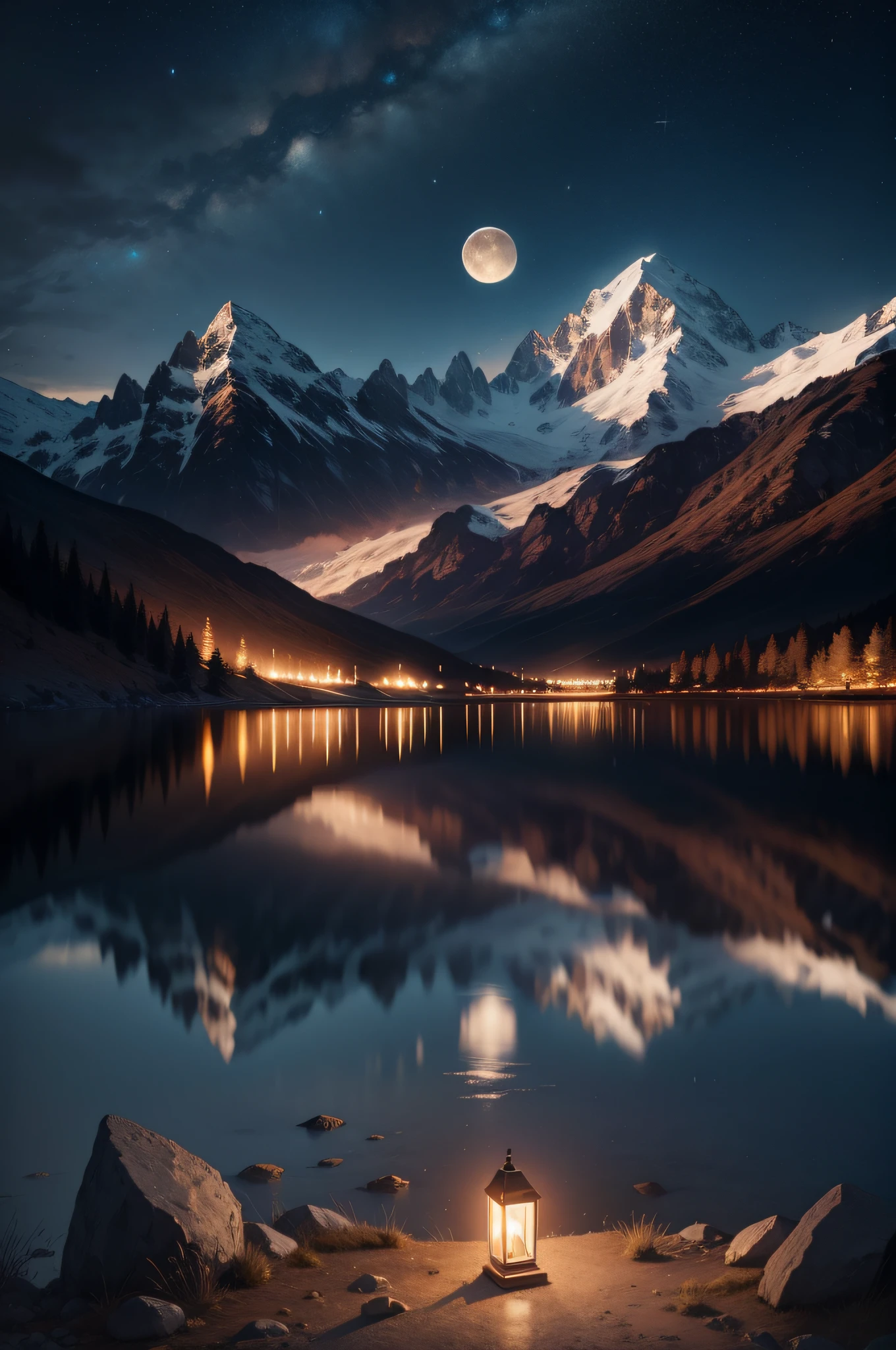 Very starry night. A giant moon behind the mountains. A tranquil lake reflecting the night. Realistic scene, detailed, photorealism, 8k