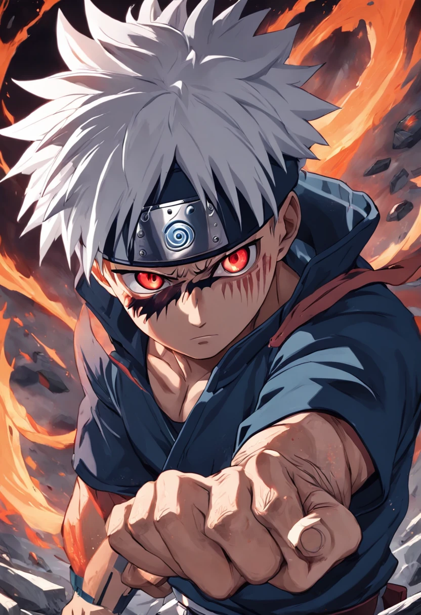 An incredibly detailed illustration of Kakashi Hatake in Combat Position highlighting his sharingan, corpo inteiro, olhos perfeitos, perfect hands, dedos perfeitos, incredible details, sombras perfeitas, Dynamic background, estilo de desenho hiper-realista.