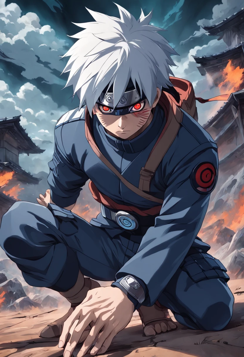 An incredibly detailed illustration of Kakashi Hatake in Combat Position highlighting his sharingan, corpo inteiro, olhos perfeitos, perfect hands, dedos perfeitos, incredible details, sombras perfeitas, Dynamic background, estilo de desenho hiper-realista.