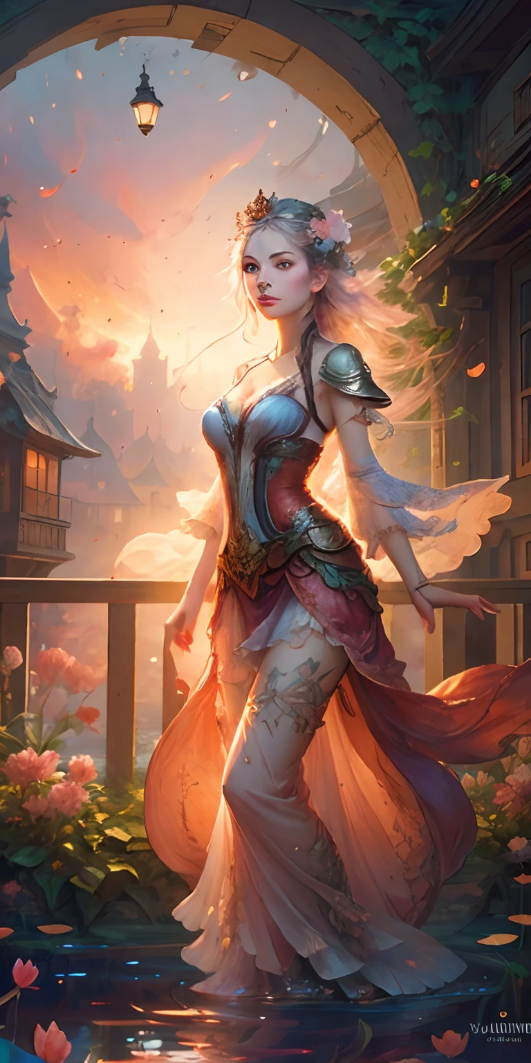 art of Vladimir Volegov,
beautiful caucasian girl, ultra hd detailed painting, beautiful face and eyes, modern portrait,
digital art, Jean-Baptiste Monge Style, bright, beautiful, splattered,
Bright, cute and adorable, filigree, edge lighting, lights, extremely magical, surreal, fantasy, digital art, wlop, artgerm and james jean. full body, garden with pond, sunset red clouds, lamp, lantern, floating antique clock,
transparent clothes, vikini, pond of water,