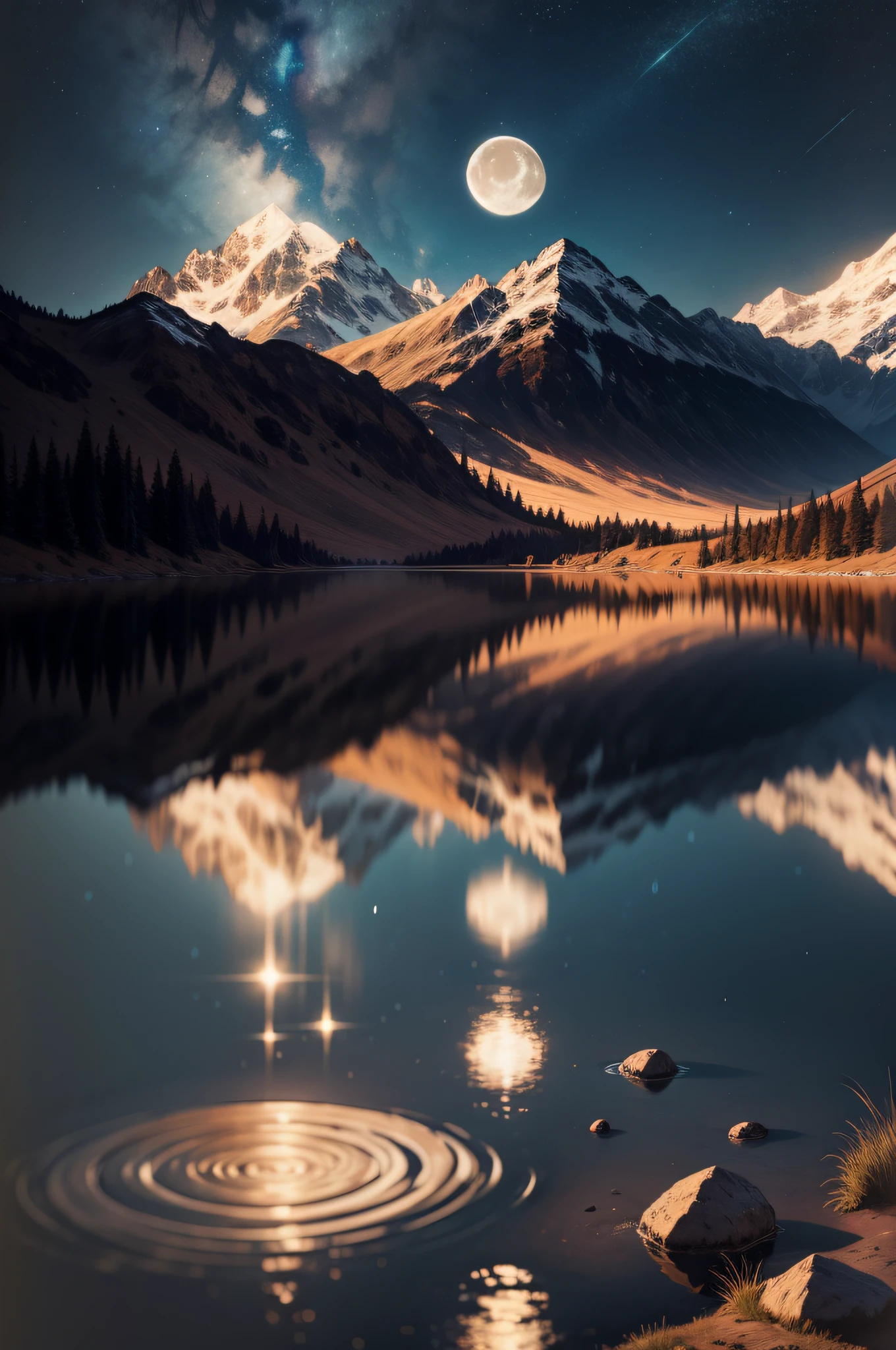 Very starry night. A giant moon behind the mountains. A tranquil lake reflecting the night. Realistic scene, detailed, photorealism, 8k