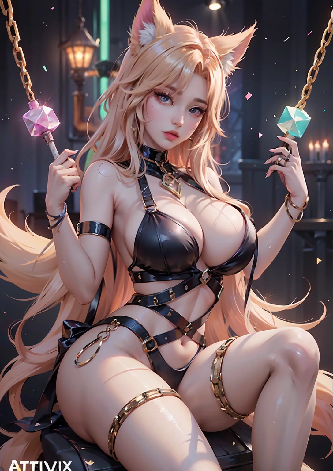 1 girlirl, Beautiful realistic reputation KDA all out of Ahri blush from League of Legends, Rope bikini armor, Shibari, blindfolds, electric chair, main, Breast dents, Ahri in Runeterra Prison, Slave collars, Chain around the neck, Role-playing BDSM, alta fantasia, intaglio, obscenity, plumw, highly detailed, 8k, A high resolution, 独奏, Juicy big lips, thick juicy thighs, putting makeup on, Big shiny breasts, looking at viewert, realisticlying, Cinema 4D, rendering by octane, innovative, Raised sexy, Curvaceous but slender, mystical aura, Smoke around Ahri, Illuminati style, Using advanced machine learning to create the perfect succubus Ahri sits alone in an electric chair, Bare camel toes, Sub-magazine photography style, Trends on pixiv, Trends on civitai, perfect compositions, SFW, Professional Quality, unreal-engine