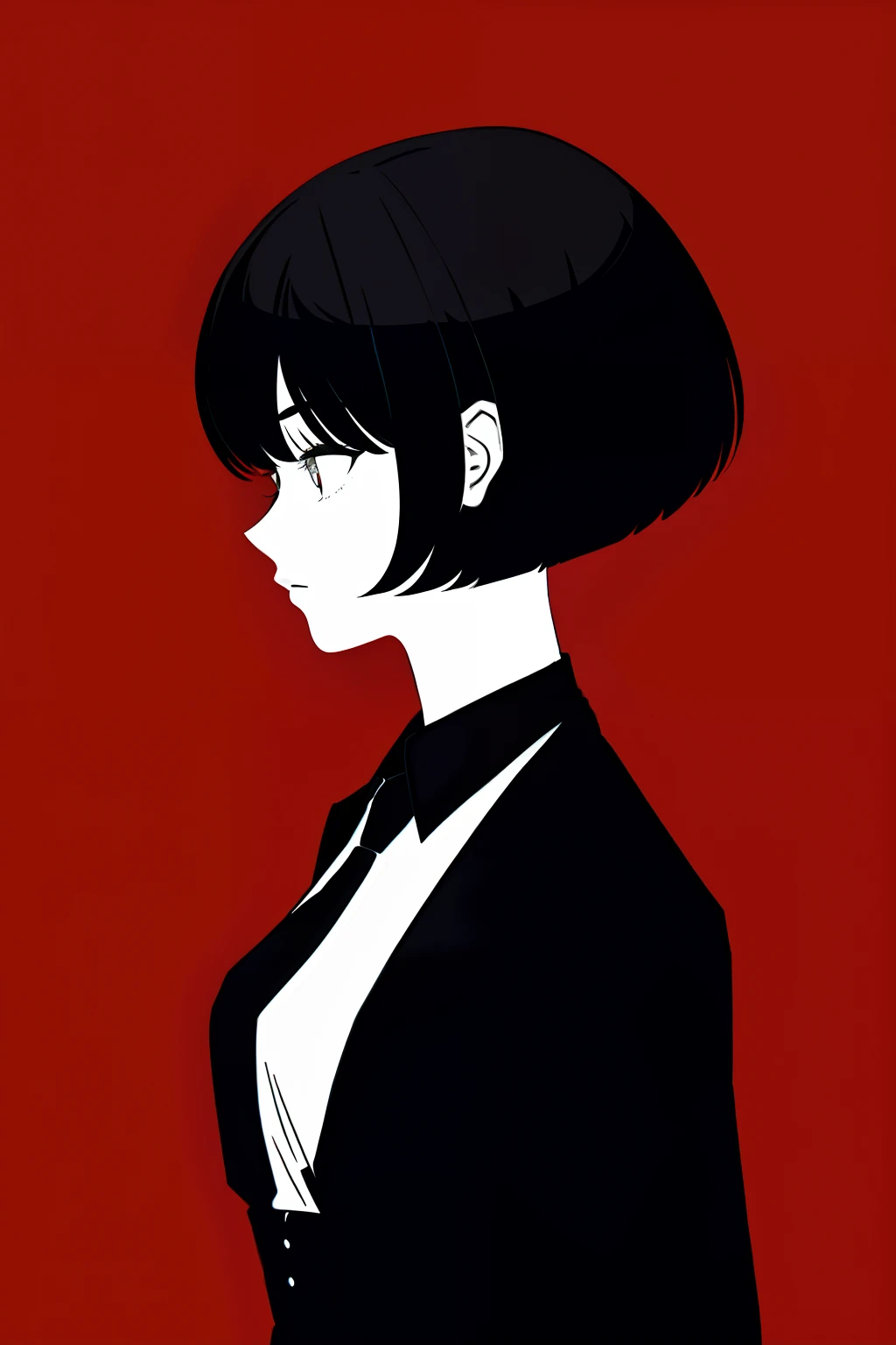 a 1girl, body complet, very detail, a lot of details, very extremely beautiful,  ((tmasterpiece, minimalism)), (Short Hair Hair), black necktie, red shirt, Dark colors, looks into the distance