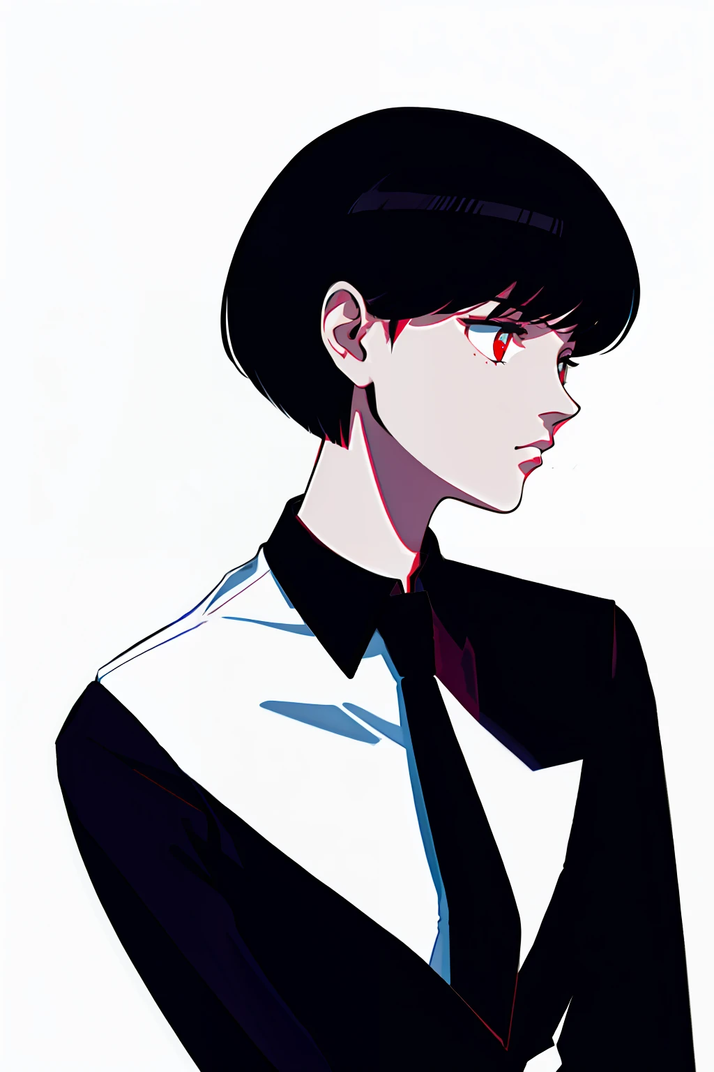 a 1girl, body complet, very detail, a lot of details, very extremely beautiful,  ((tmasterpiece, minimalism)), (Short Hair Hair), black necktie, red shirt, Dark colors, looks into the distance