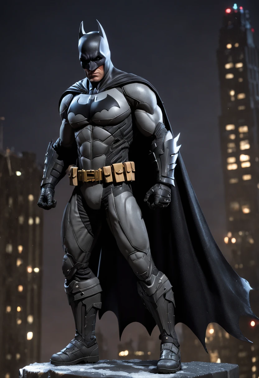 An amazing, creative concept art of Batman in a futuristic armor, standing on top of a building in Arkham City, on a snowy night. The armor is unlike anything that has been seen before. It is sleek, stylish, and powerful. Batman is standing in a pose that is both heroic and menacing. He is ready to face any challenge. The image is rendered in Unreal Engine 5, and it is a work of art that will leave you breathless.