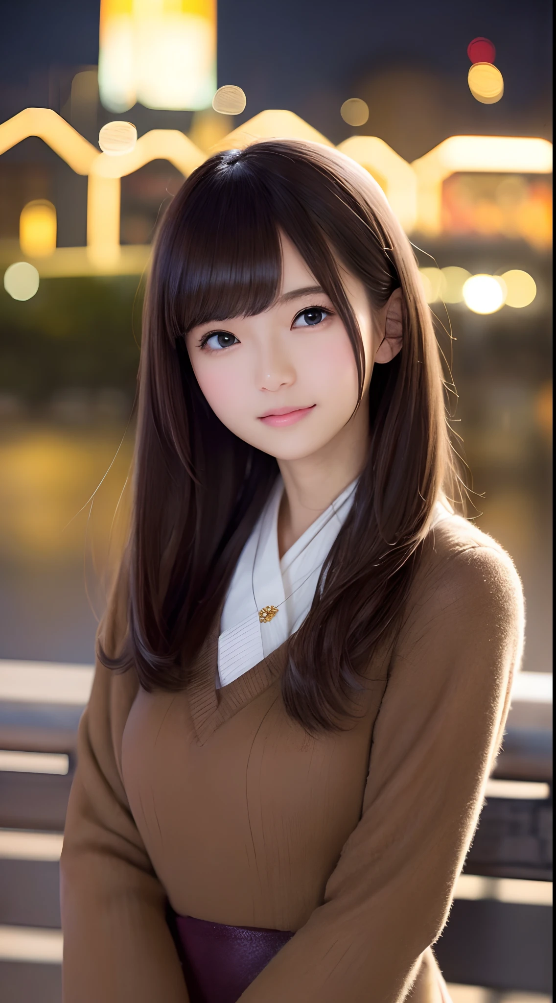 Masterpiece, one beautiful woman, detailed face, detailed eyes, detailed skin, top quality, Japanese, brightly lit from front, professional lighting, facing straight on, background slightly blurred, London cityscape in background (on bridge), smiling, brown hair, short hair, cold weather, weather slightly foggy, age 24, portrait style,