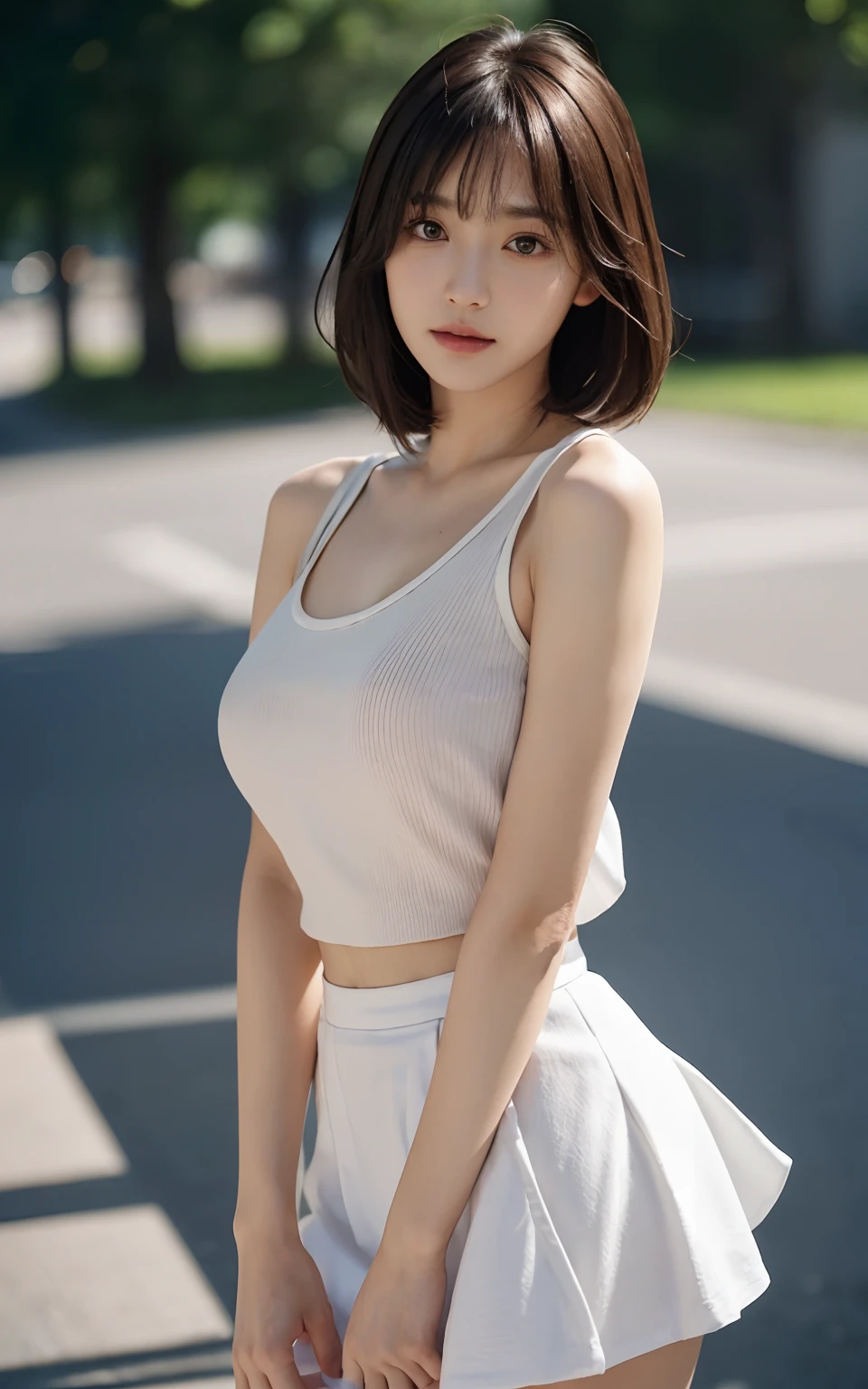 masutepiece, The highest image quality, High quality, Beautiful japanese girl, Cute, Gravure Idol Figure, Detailed, Detailed eyes, Detailed skin, Beautiful skin, Ultra High Resolution, (reality: 1.4),Very beautiful, Slightly younger face, Beautiful skin, slender, (A hyper-realistic), (hight resolution), (8K), (Very detailed) (beautifully detailed eyes), (Wallpaper), (Detailed face), Looking at Viewer, Fine details, Detailed face, sad, Sexy, Tank top, Skirt, Looking straight ahead, Looking straight ahead, angle from waist up, photos realistic, Bright lighting, Professional Lighting, Mature Woman, (Brown hair, Bob Hair, layers-Cut, Swaying in the wind, Bangs),large full breasts.white skirt