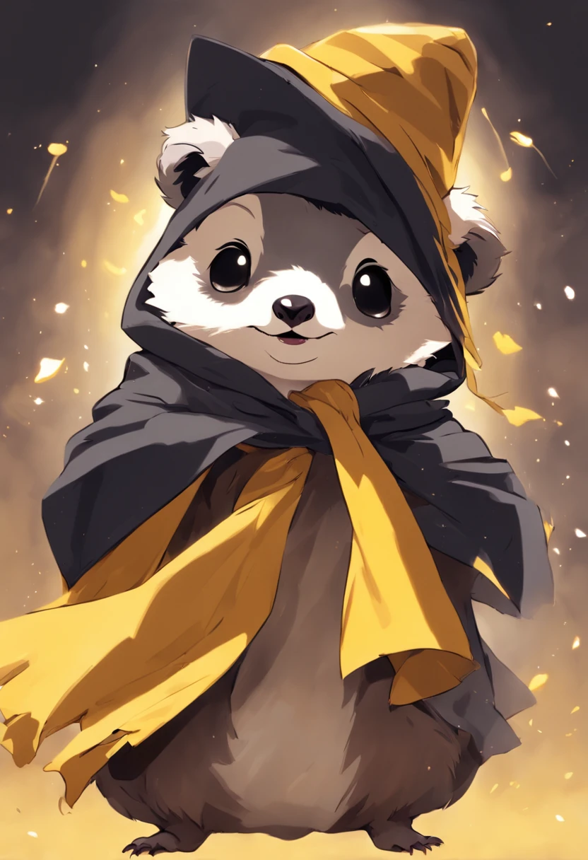 Create a cute illustration of a baby badger wearing a colorful Hufflepuff scarf and the legendary Sorting Hat, that is covering one of the eyes